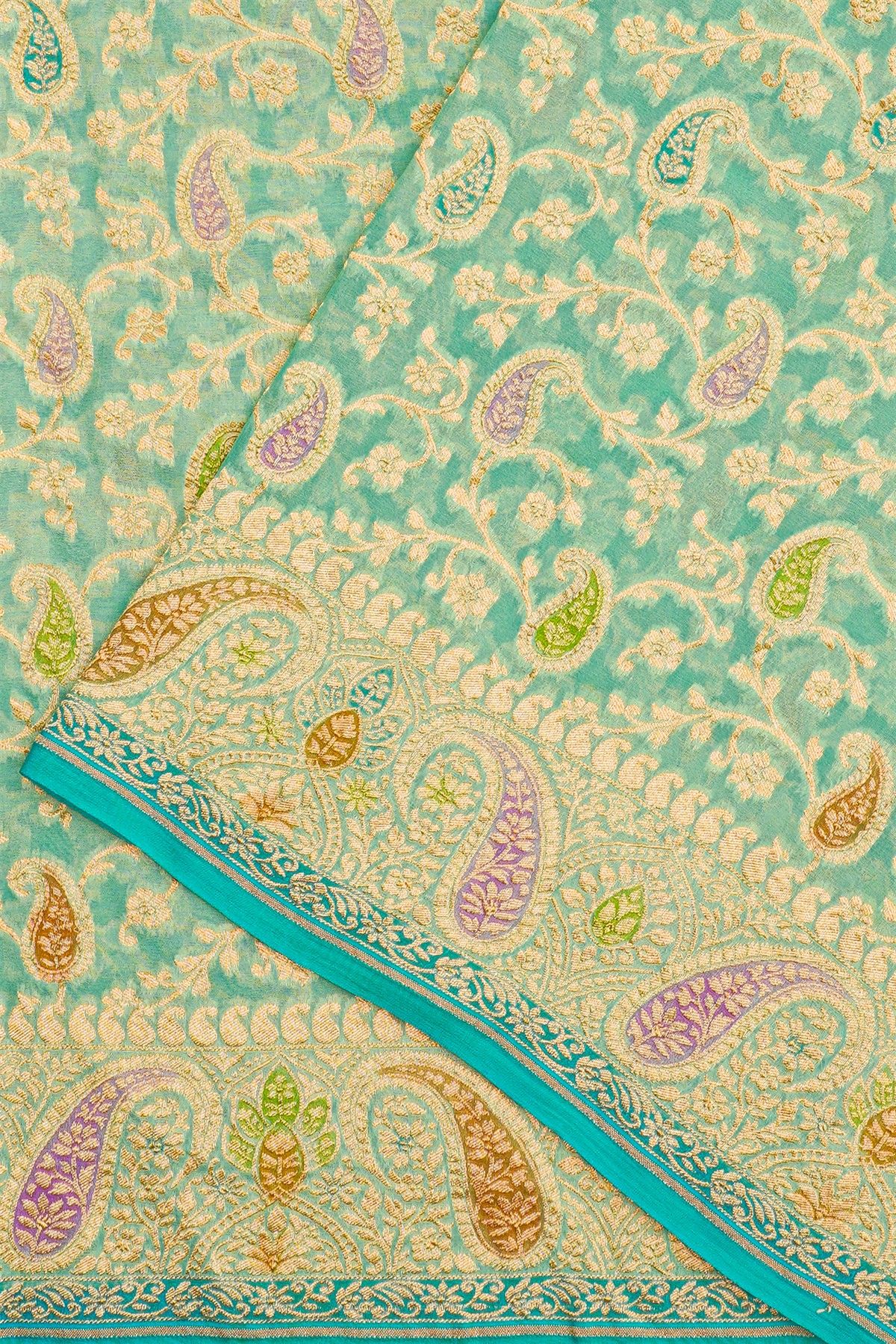 Banarasi Kaddi Georgette Sea Green Saree Florals And Paisleys Border