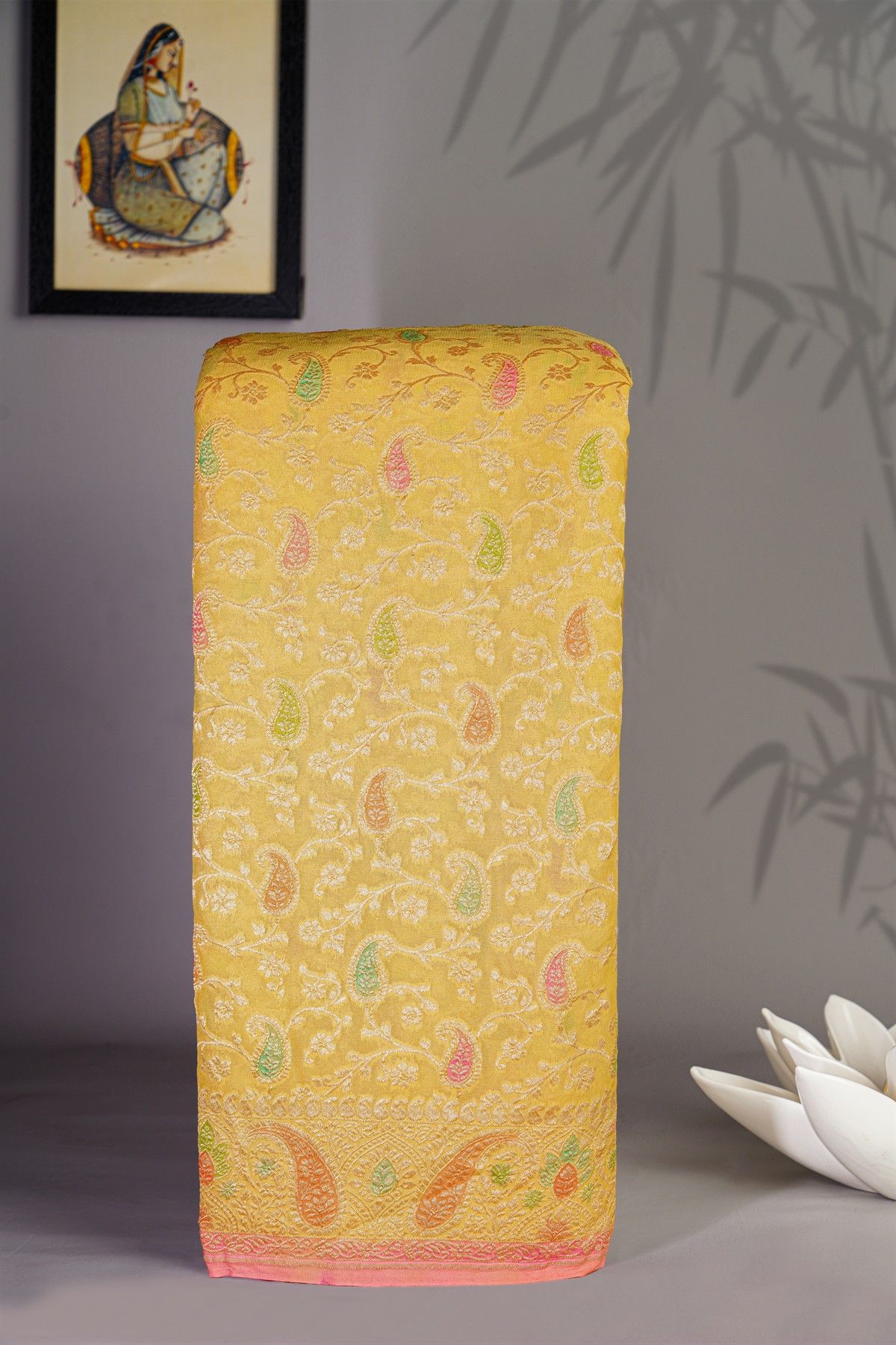 Banarasi Kaddi Georgette Yellow Saree With Florals And Leaves Jaal Border