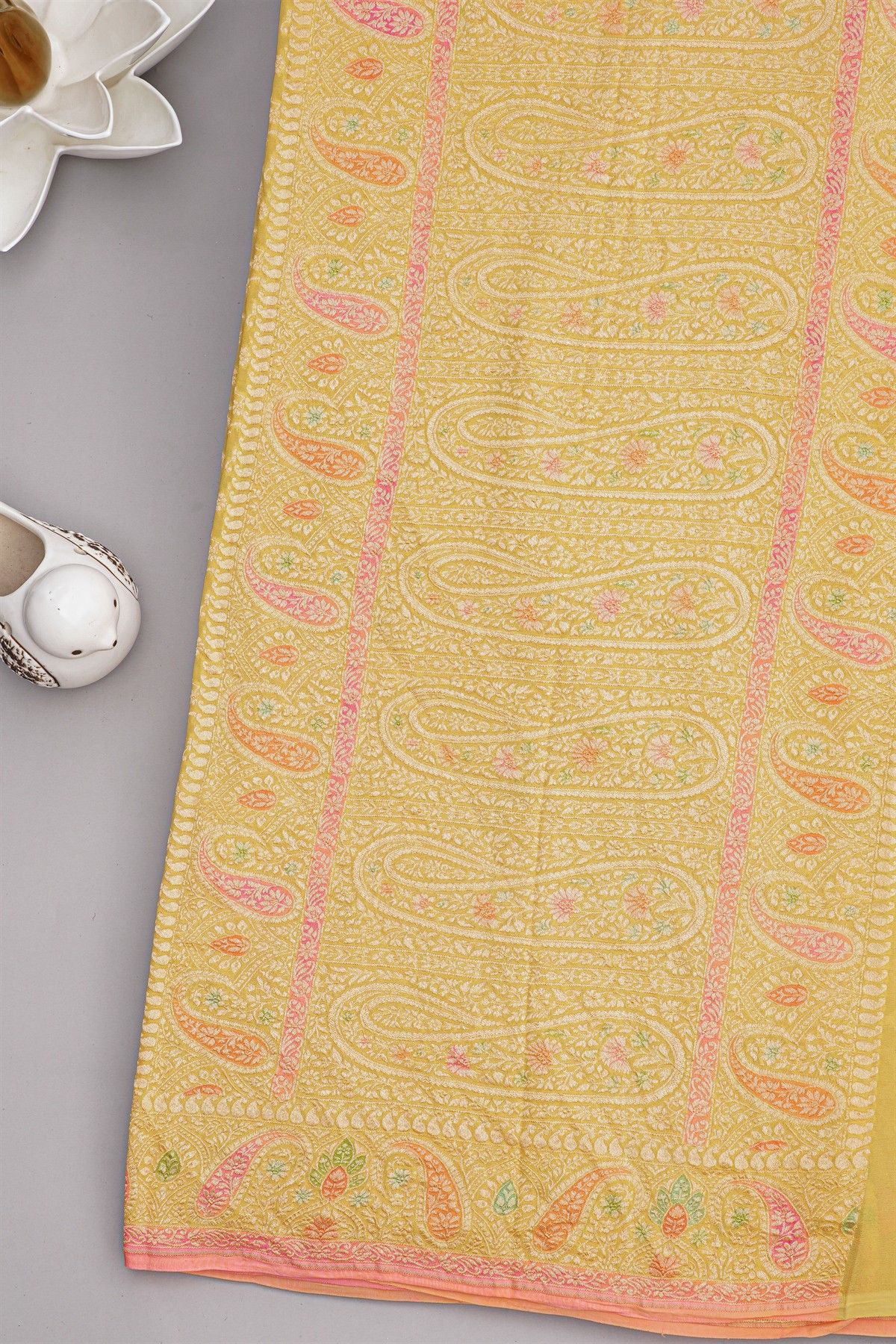 Banarasi Kaddi Georgette Yellow Saree With Florals And Leaves Jaal Border