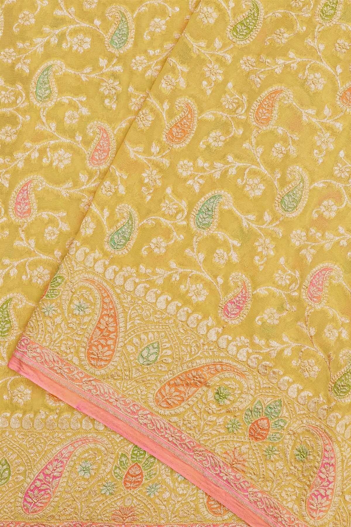 Banarasi Kaddi Georgette Yellow Saree With Florals And Leaves Jaal Border