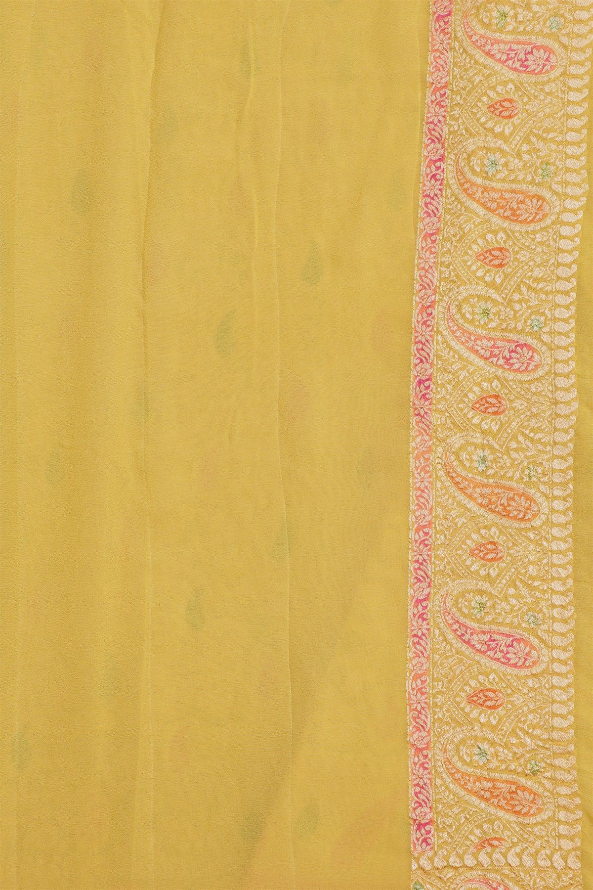 Banarasi Kaddi Georgette Yellow Saree With Florals And Leaves Jaal Border