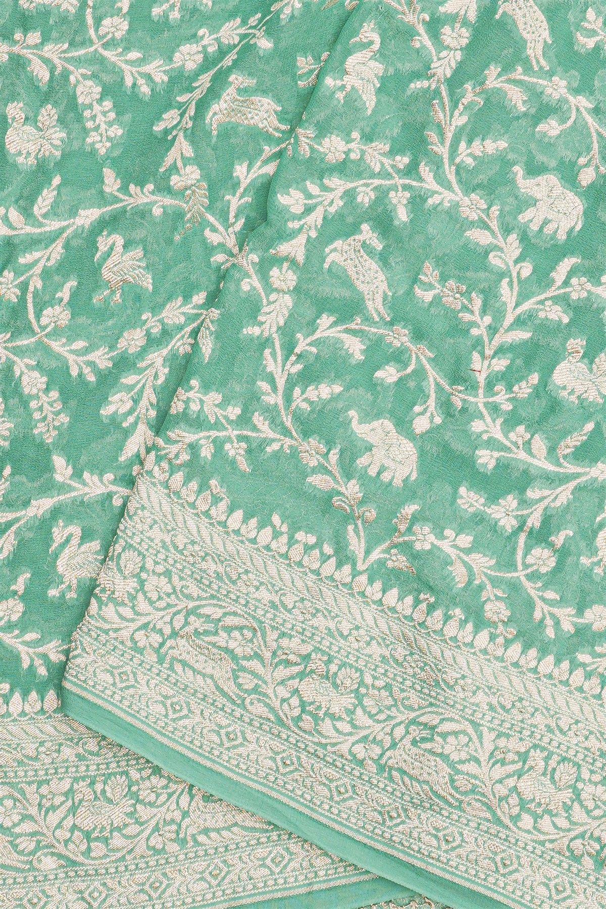 Banarasi Georgette Mint Green Saree With Florals And Leaves Jaal Body