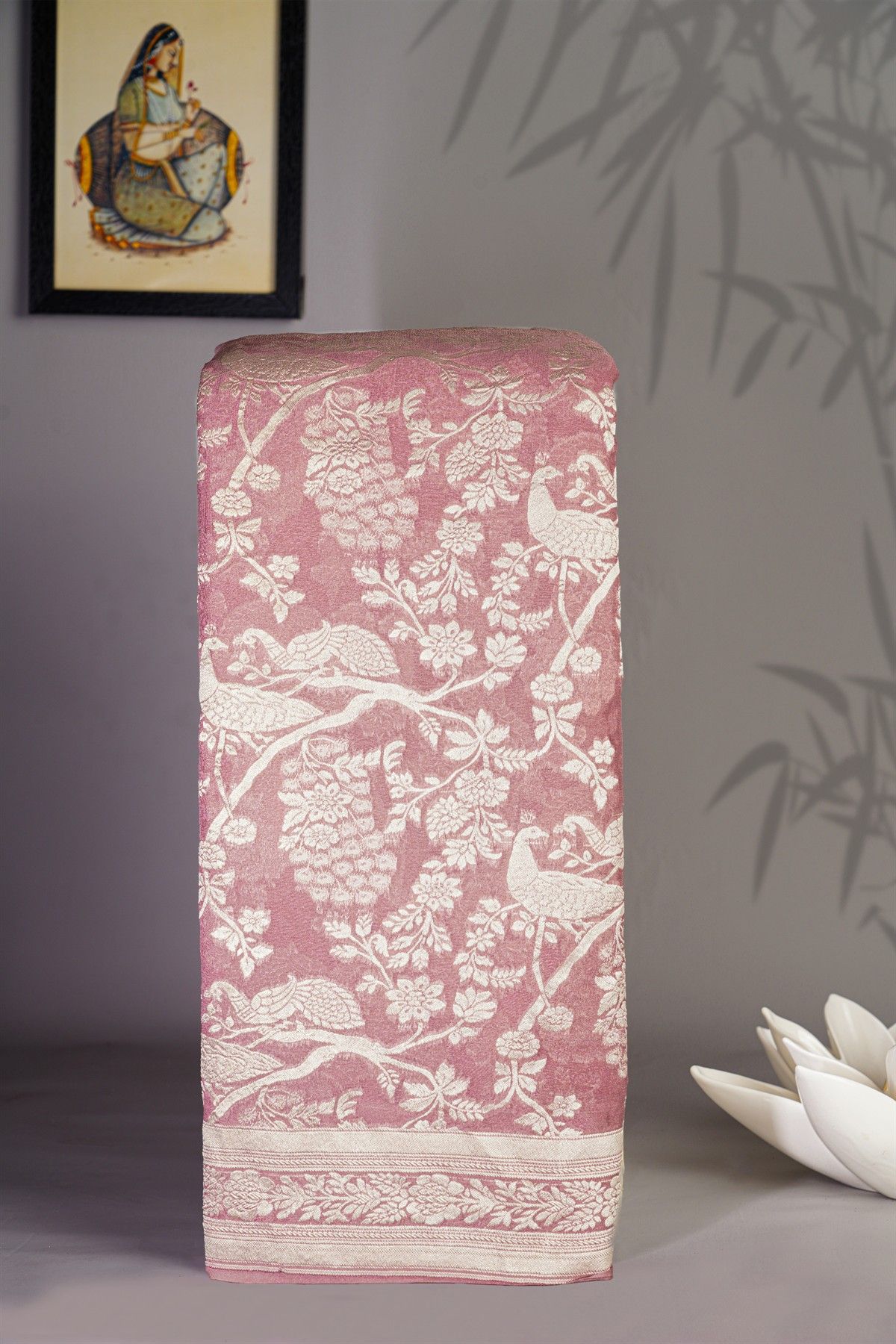 Banarasi Georgette Rose Pink Saree With Florals And Pecocks Body