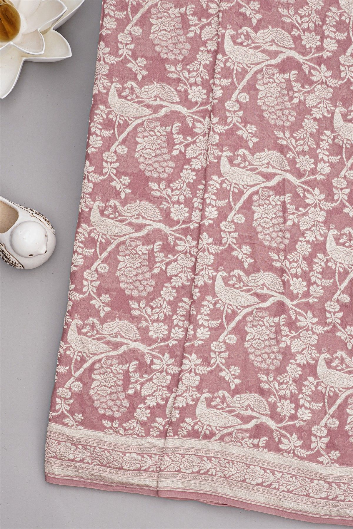 Banarasi Georgette Rose Pink Saree With Florals And Pecocks Body