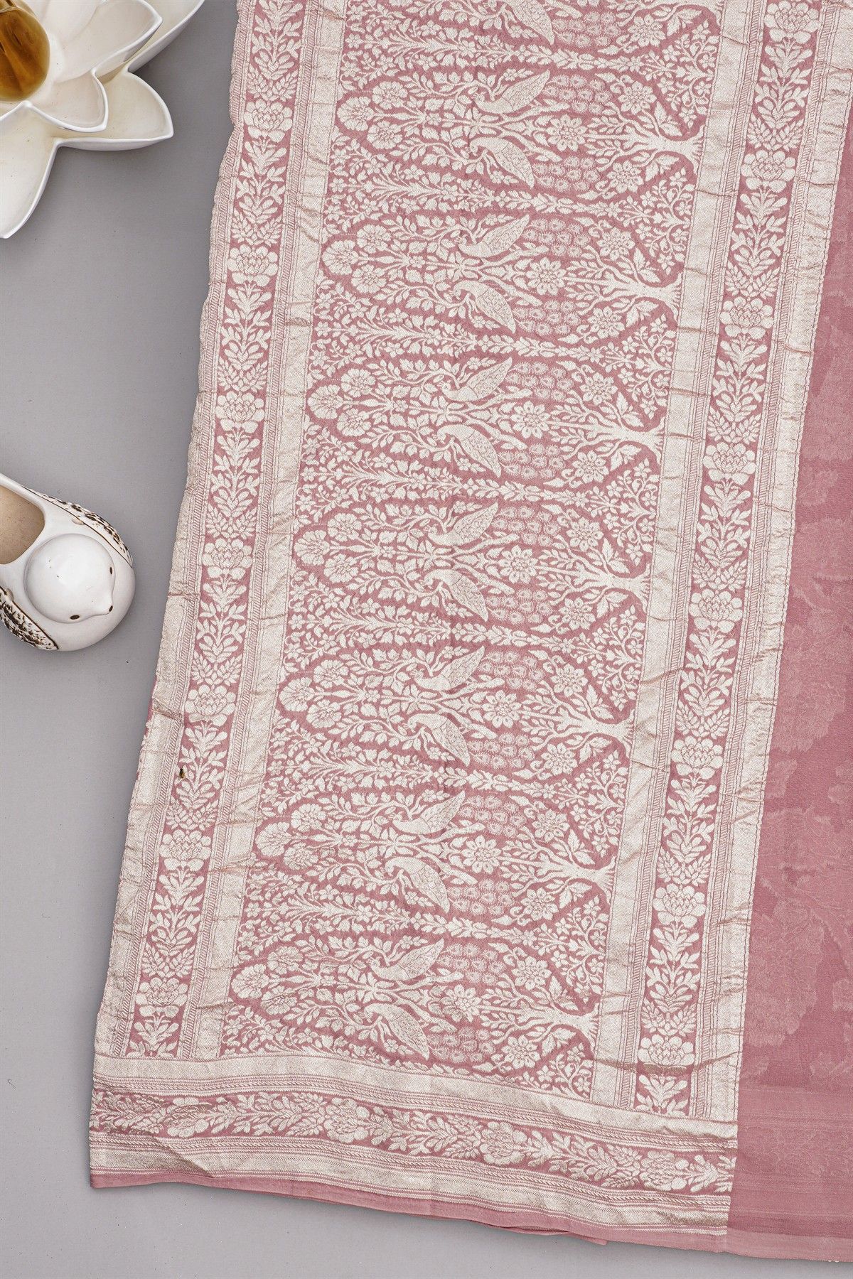 Banarasi Georgette Rose Pink Saree With Florals And Pecocks Body