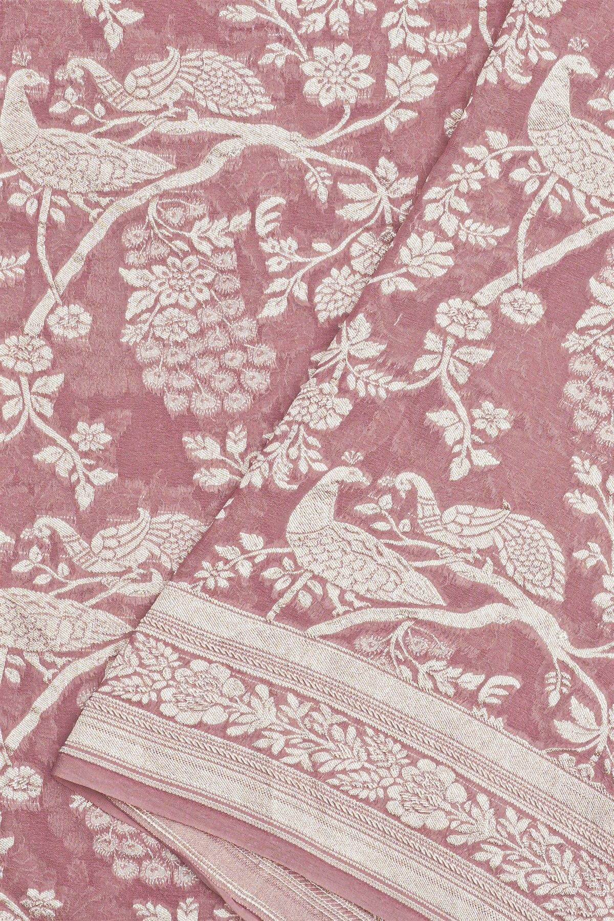 Banarasi Georgette Rose Pink Saree With Florals And Pecocks Body