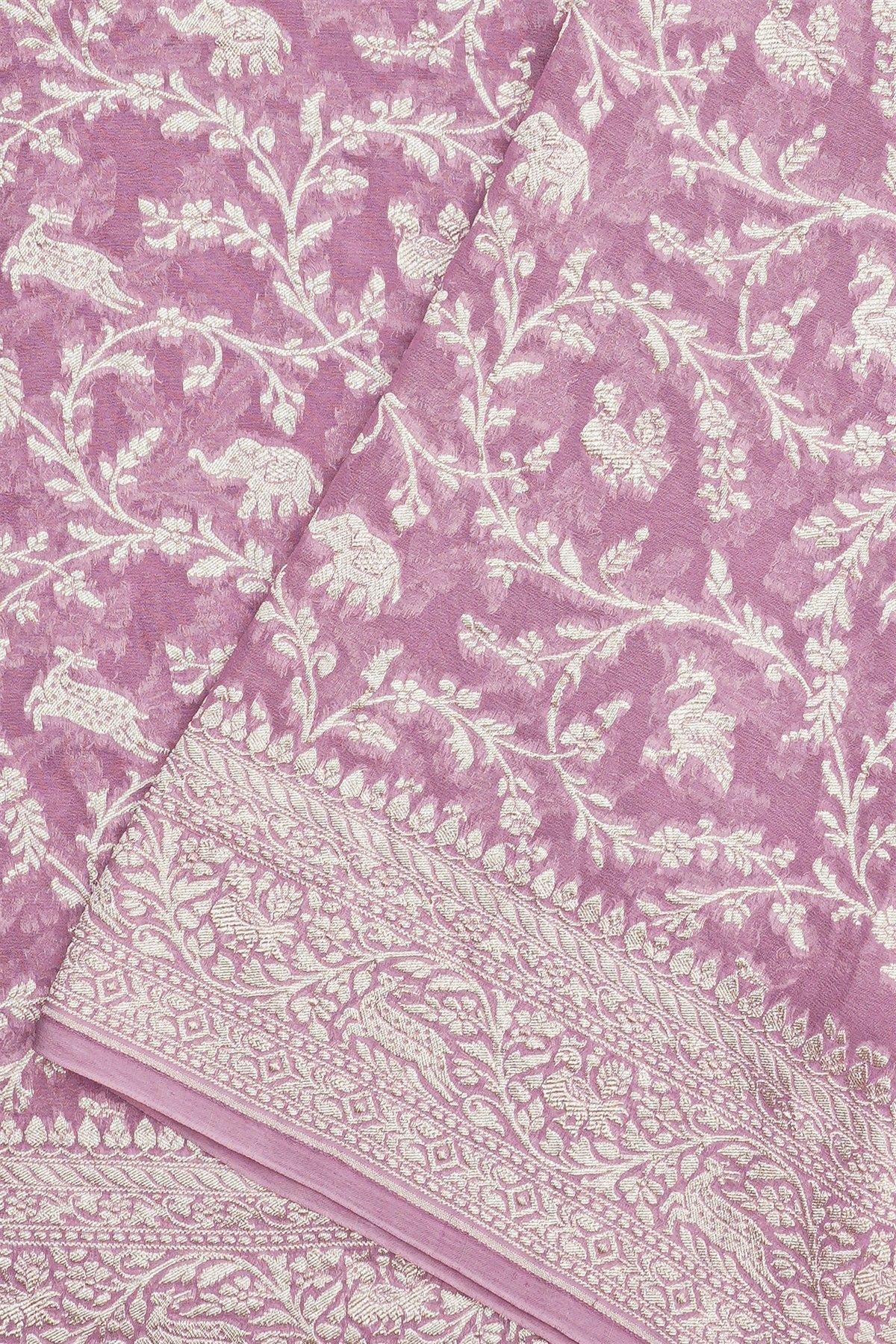 Banarasi Kaddi Georgette Lavender Saree With Birds And Animals Body