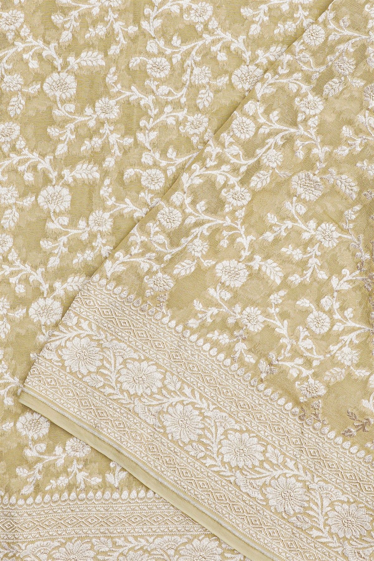 Banarasi Kaddi Georgette Light Yellow Saree With Florals And Leaves Jaal Body