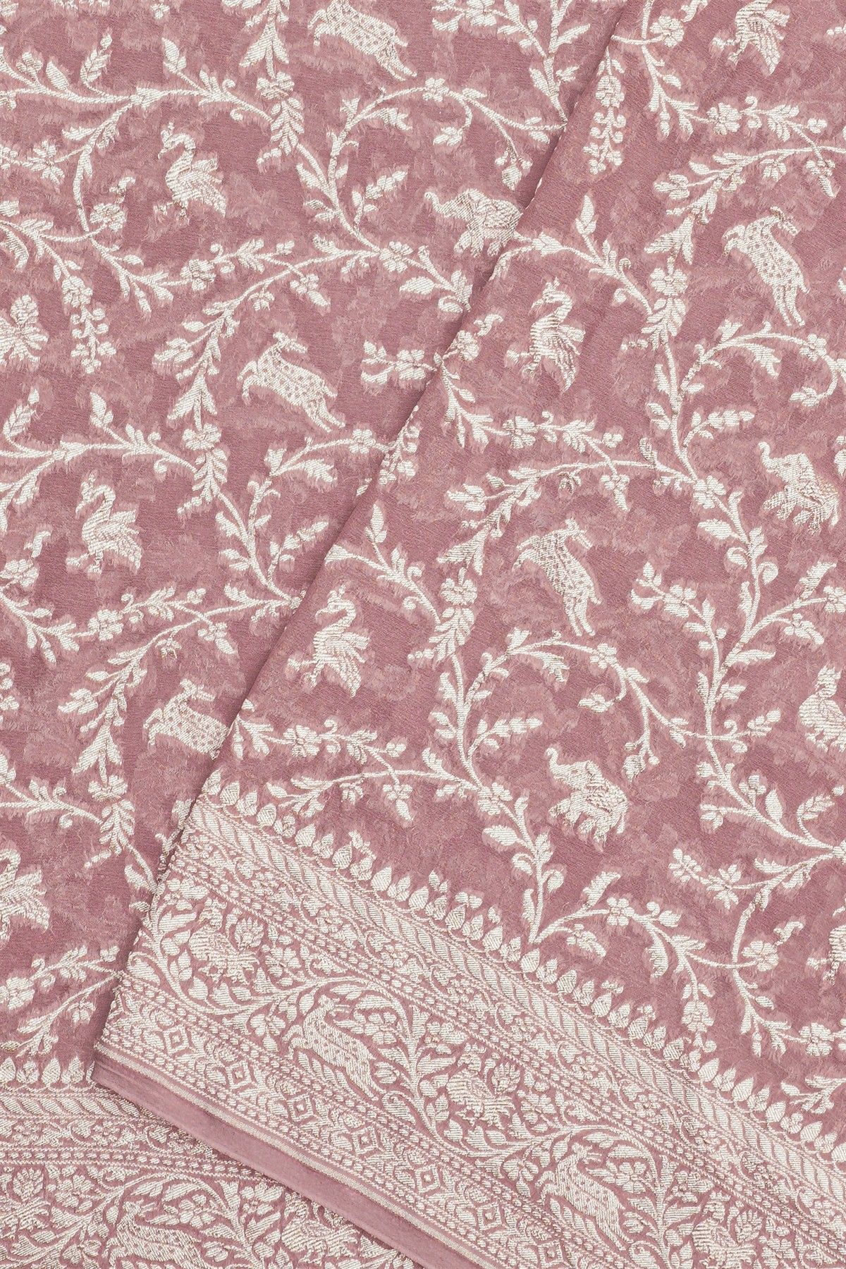 Banarasi Georgette Mauve Saree With Animals And Birds Border