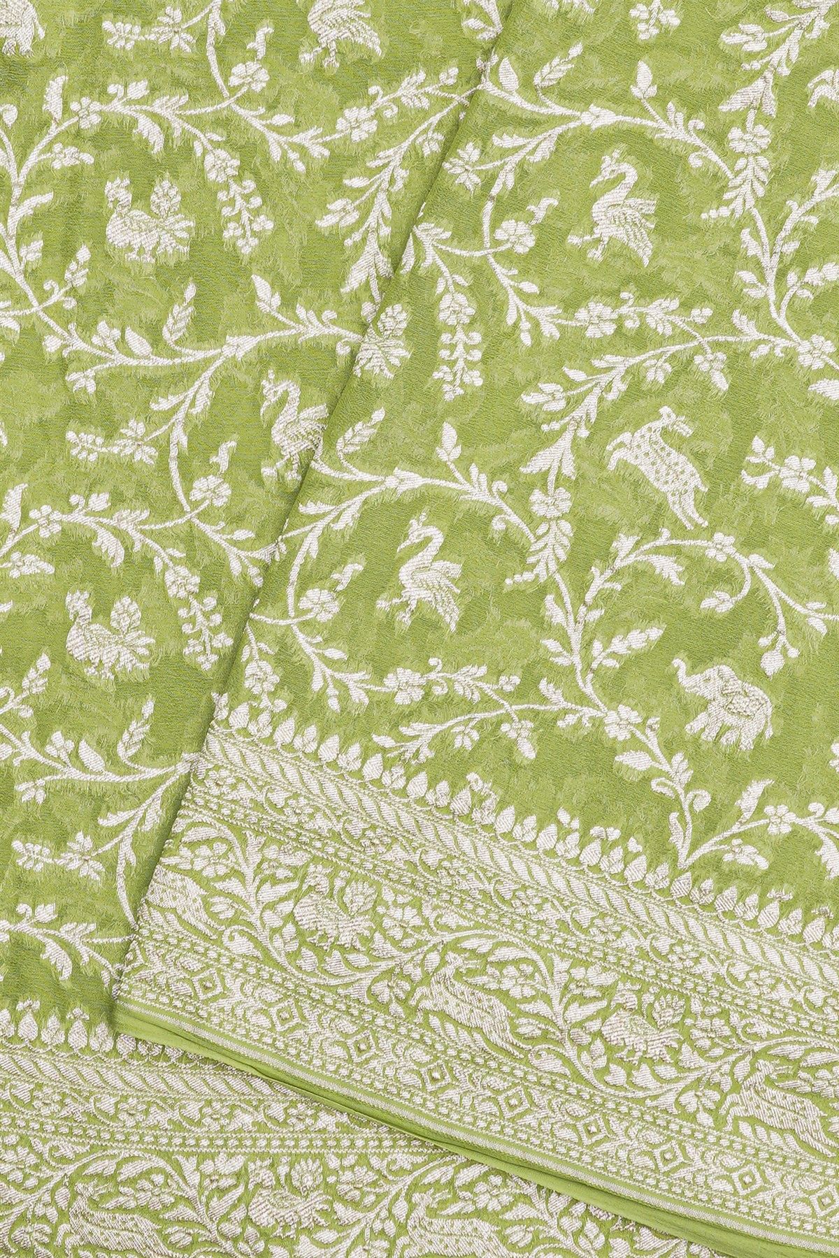 Banarasi Kaddi Georgette Lime Green Saree With With Animals And Birds Border