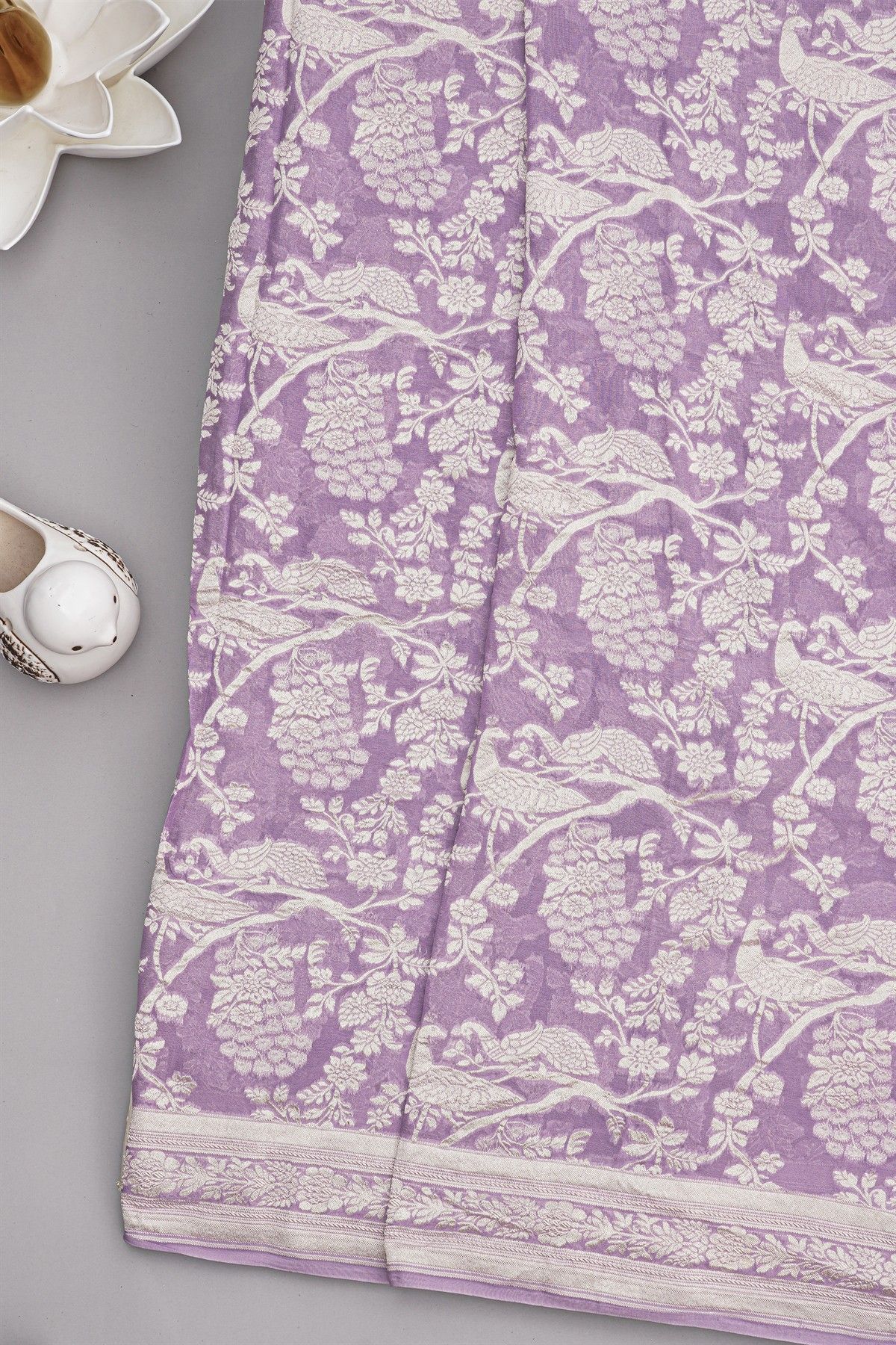 Banarasi Georgette Lilac Saree With Florals And Leaves Border