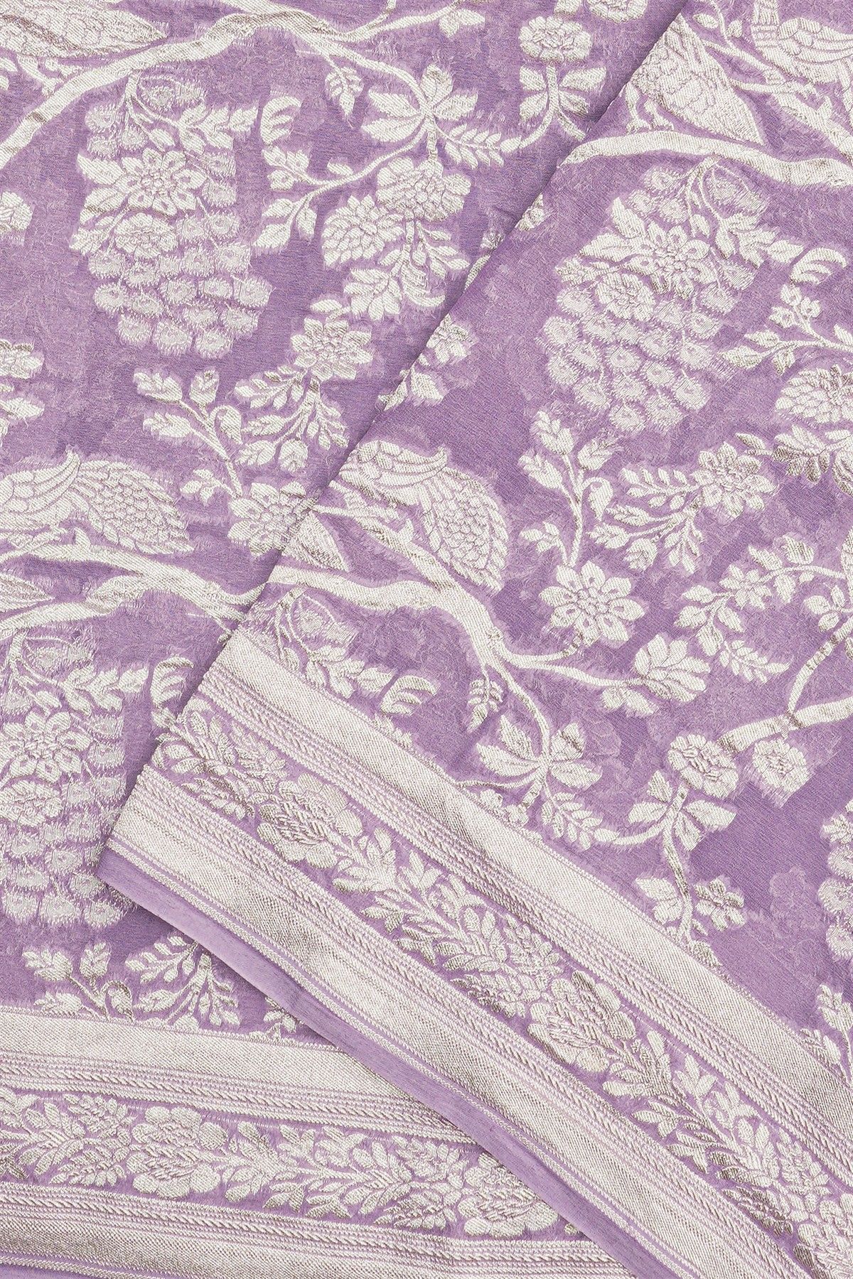 Banarasi Georgette Lilac Saree With Florals And Leaves Border