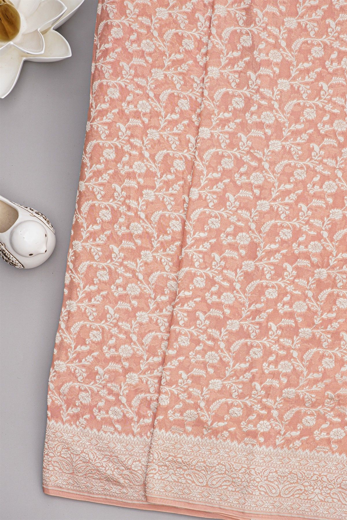 Banarasi Kaddi Georgette Peach Saree WIth Florals And Leaves Border
