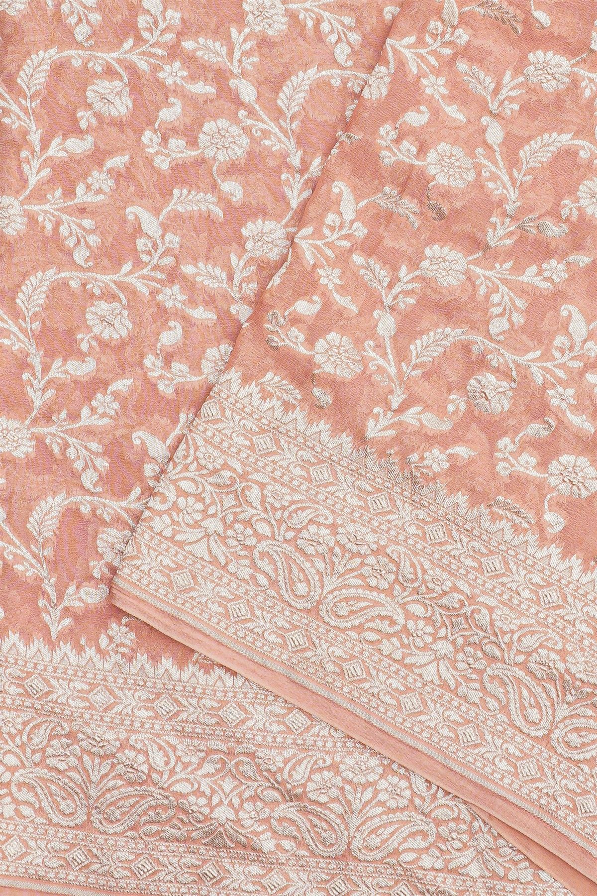 Banarasi Kaddi Georgette Peach Saree WIth Florals And Leaves Border