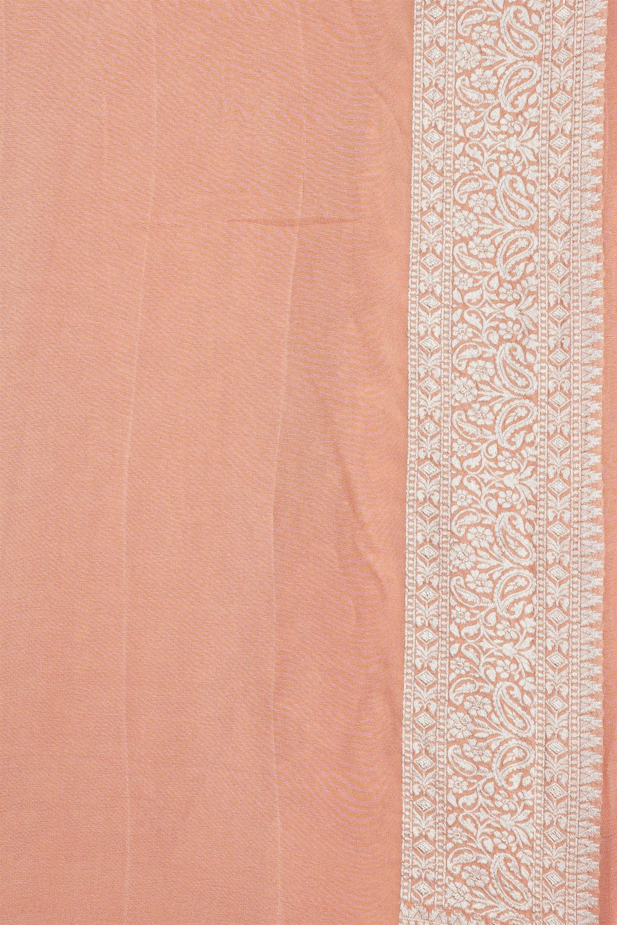 Banarasi Kaddi Georgette Peach Saree WIth Florals And Leaves Border
