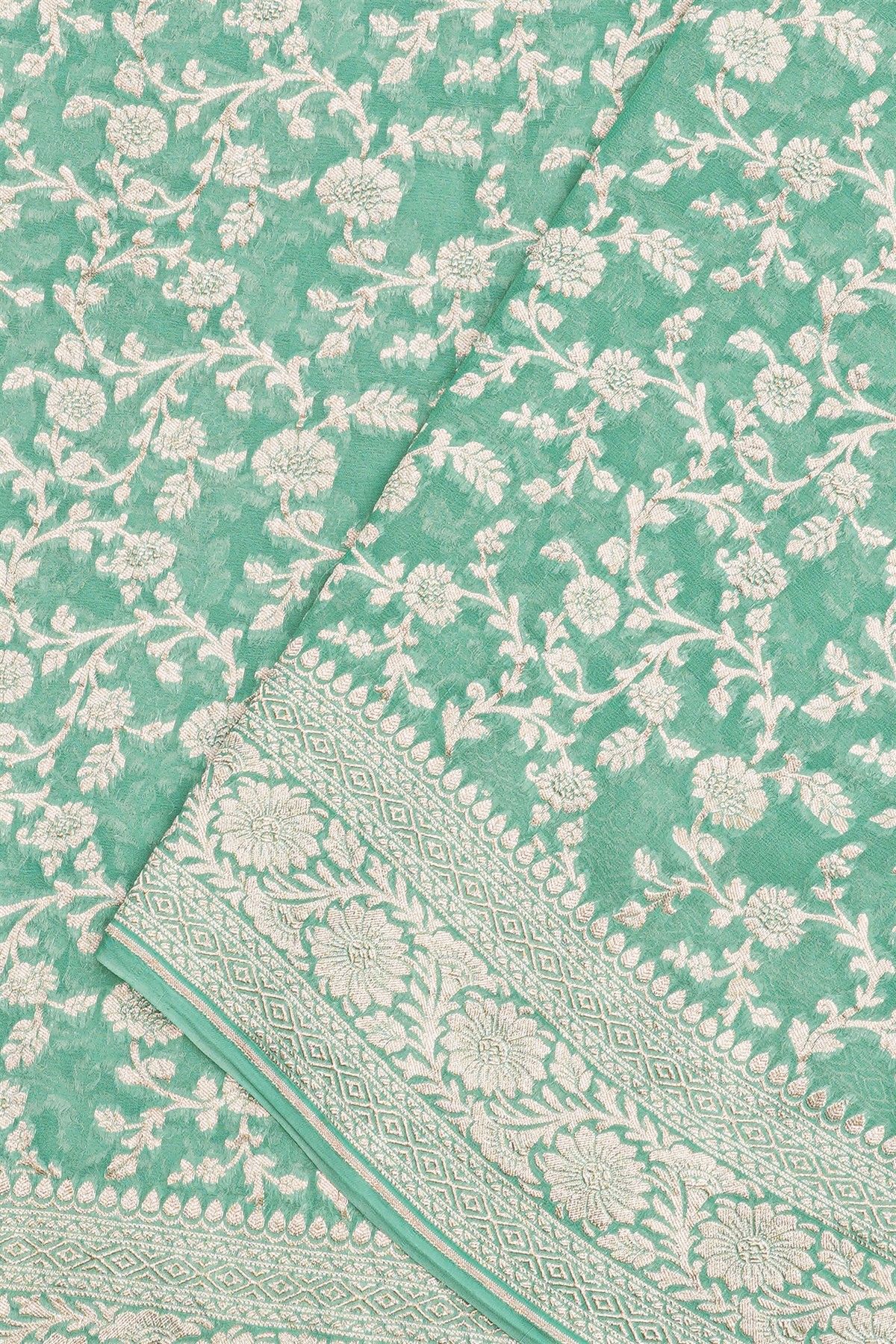Banarasi Kaddi Georgette Sea Green Saree With Florals And Leaves Jaal Border