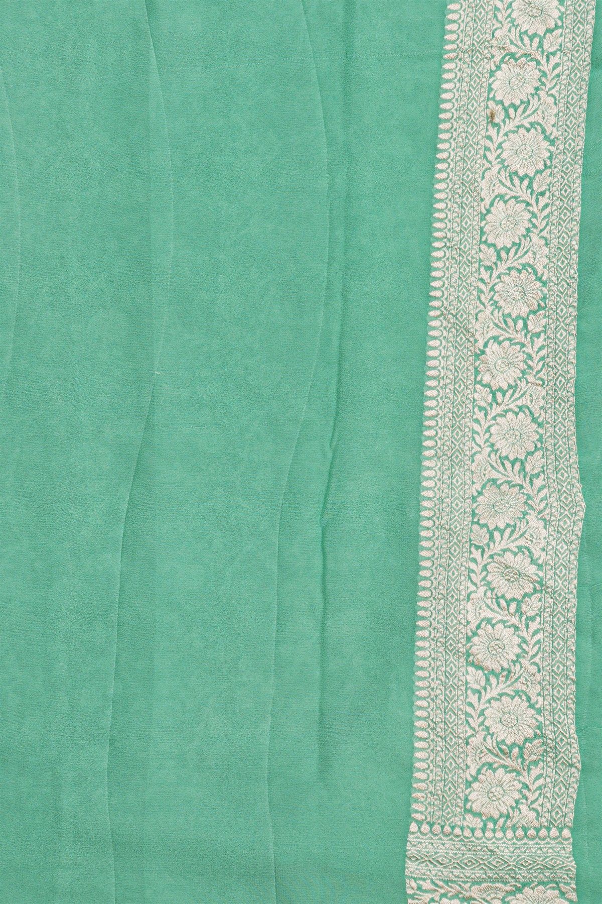 Banarasi Kaddi Georgette Sea Green Saree With Florals And Leaves Jaal Border