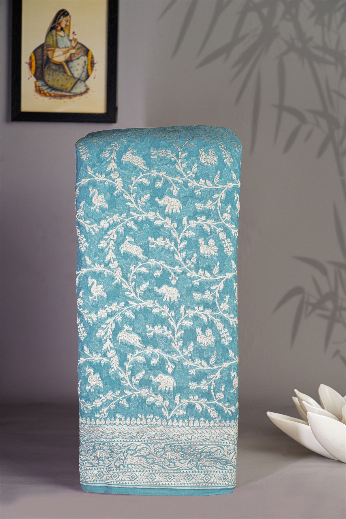 Banarasi Kaddi Georgette Sky Blue Saree With Animals And Birds Body