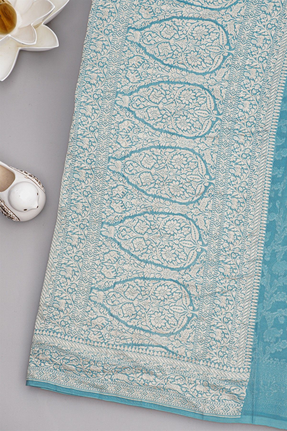 Banarasi Kaddi Georgette Sky Blue Saree With Animals And Birds Body