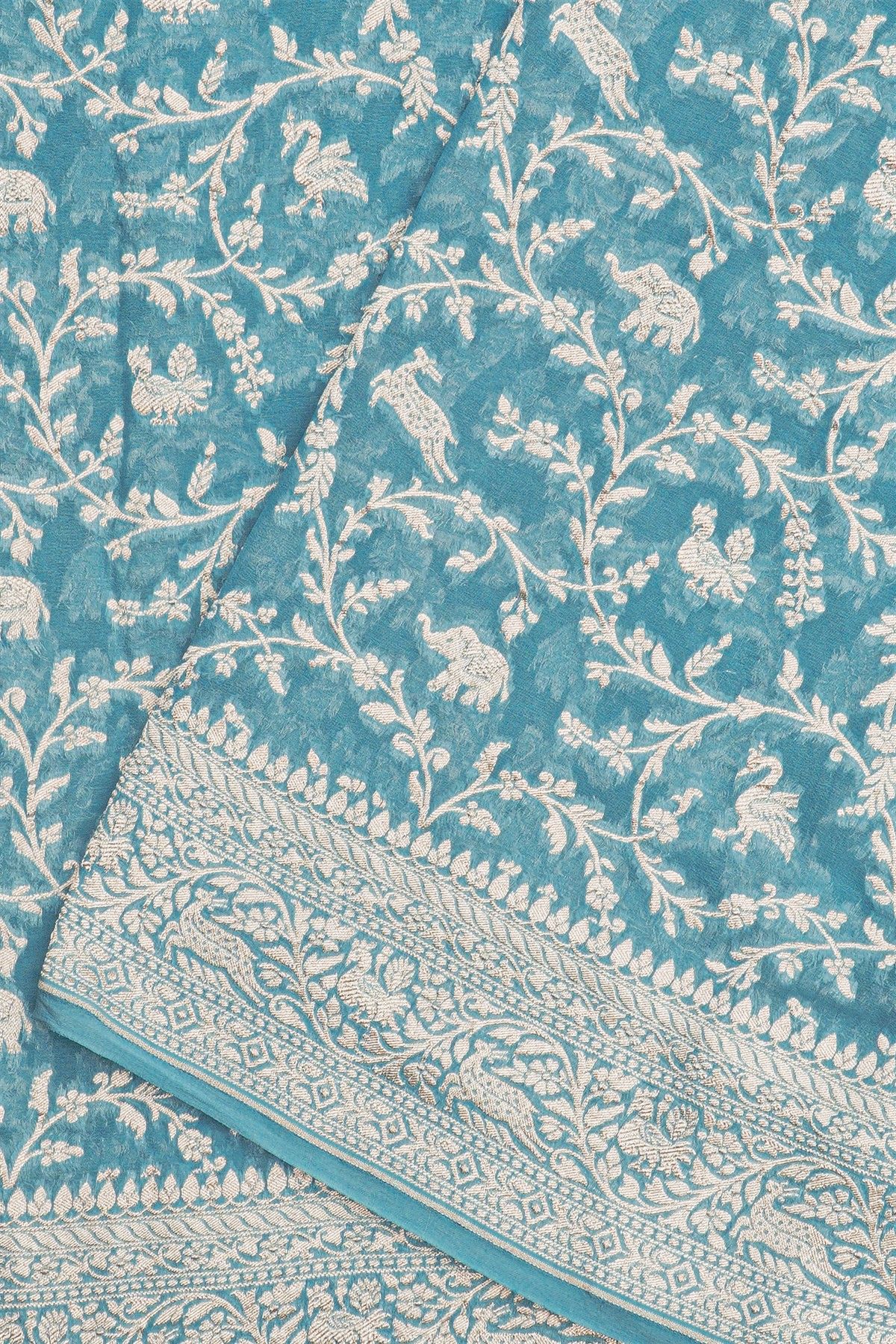 Banarasi Kaddi Georgette Sky Blue Saree With Animals And Birds Body