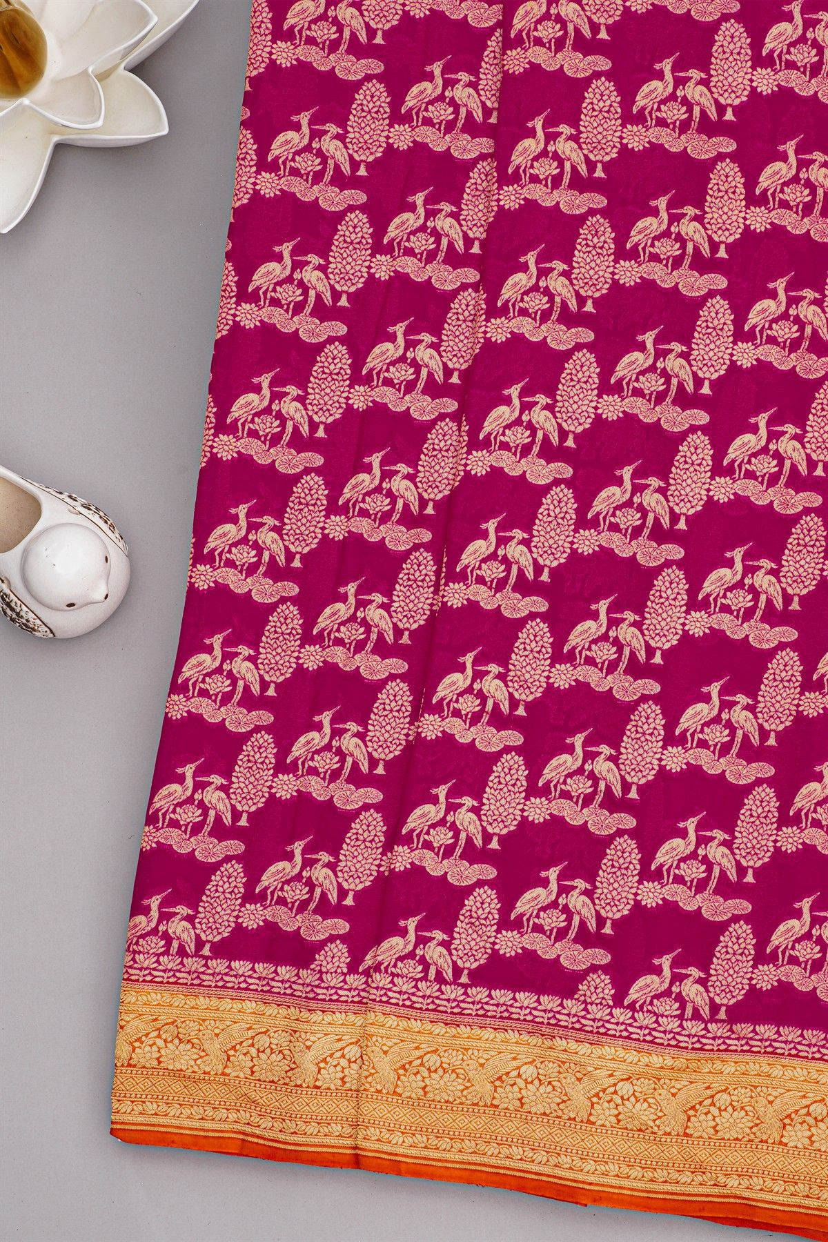 Banarasi Kaddi Georgette Pink Saree With Florals And Swans Body