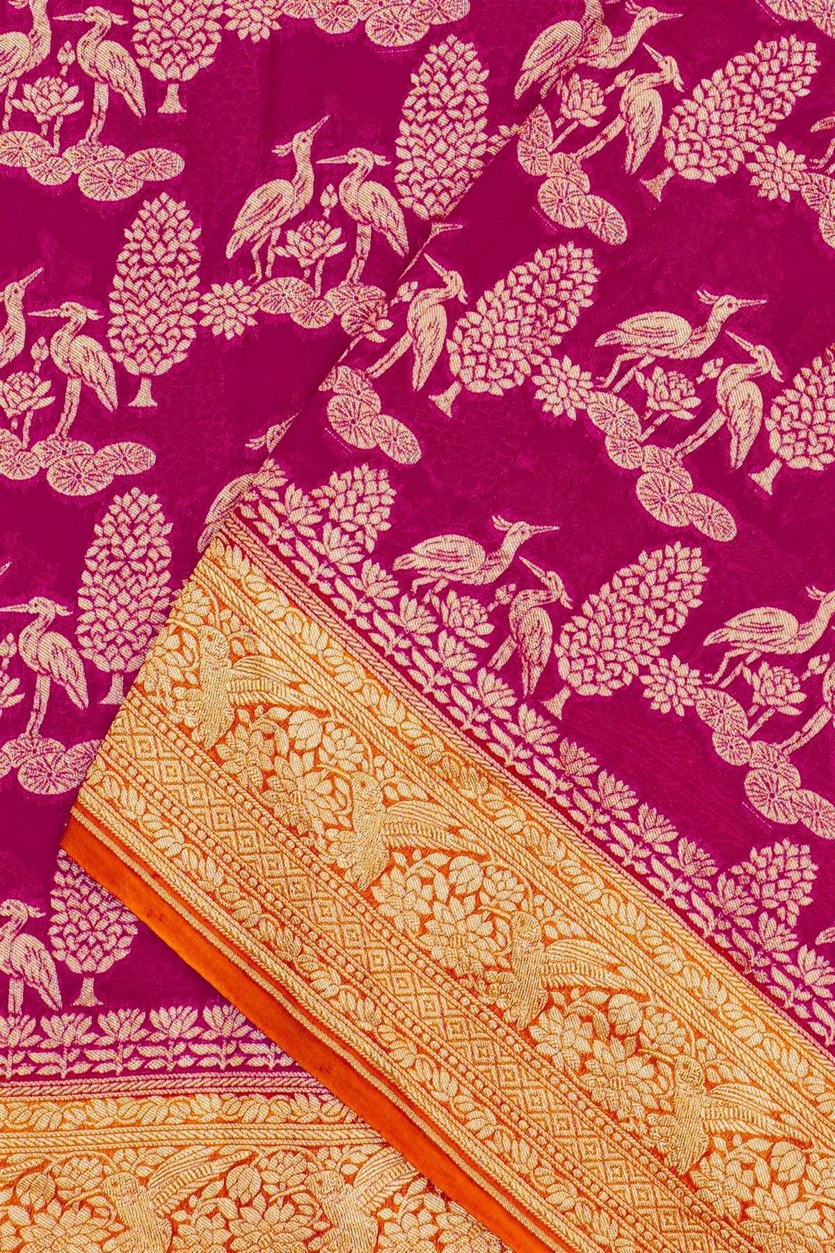 Banarasi Kaddi Georgette Pink Saree With Florals And Swans Body