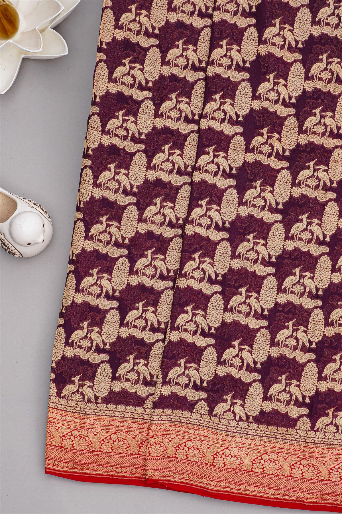 Banarasi Georgette Dark Wine Colour Saree With Contrast Red Border