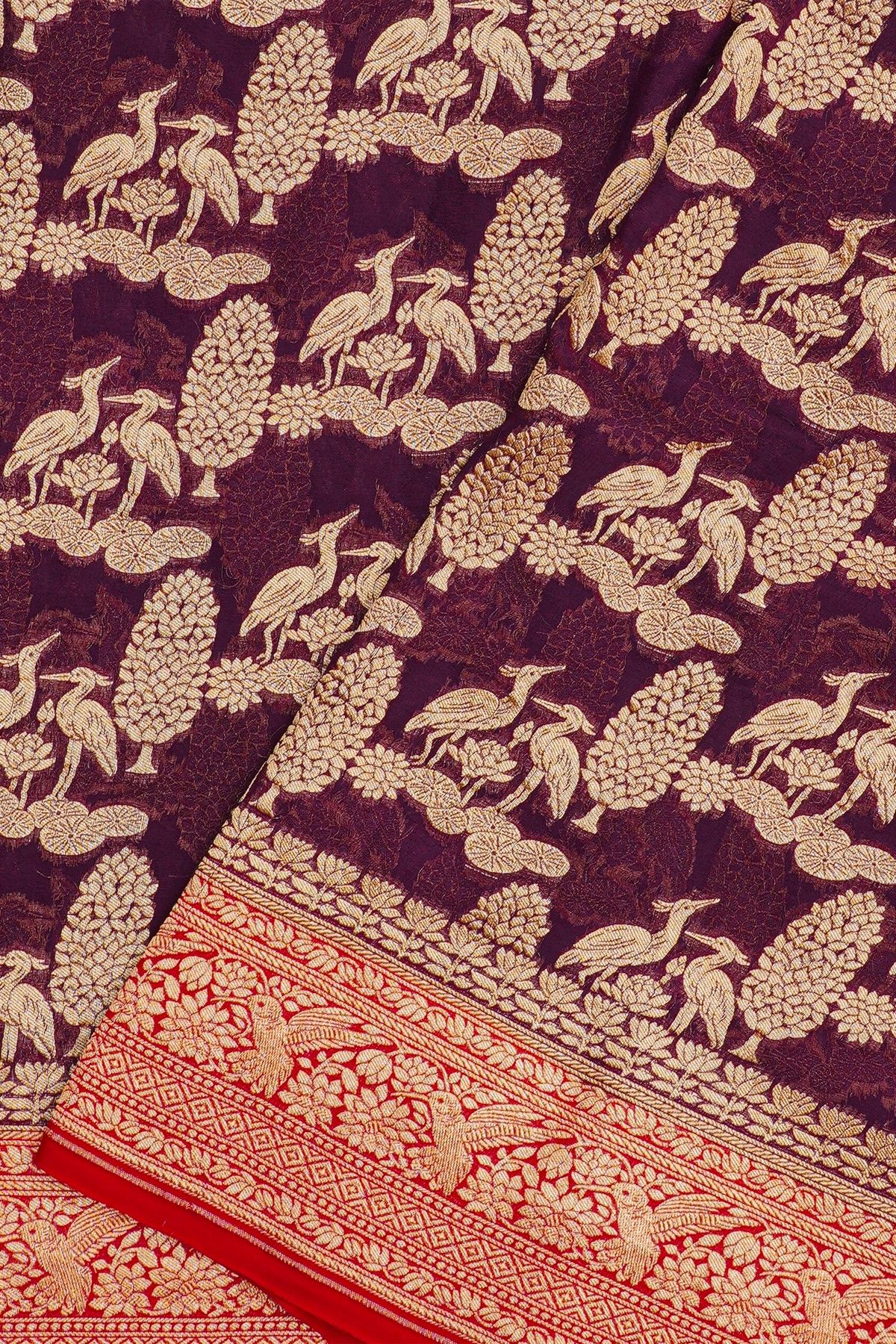 Banarasi Georgette Dark Wine Colour Saree With Contrast Red Border