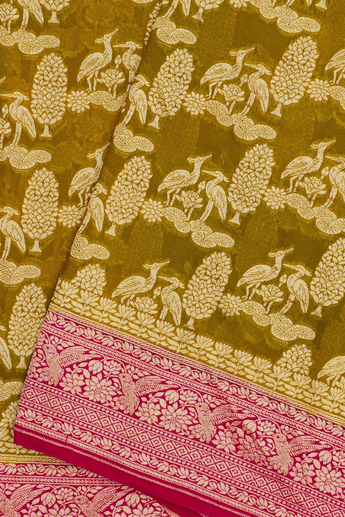 Banarasi Kaddi Georgette Mehendi Green Saree With Florals And Birds Border