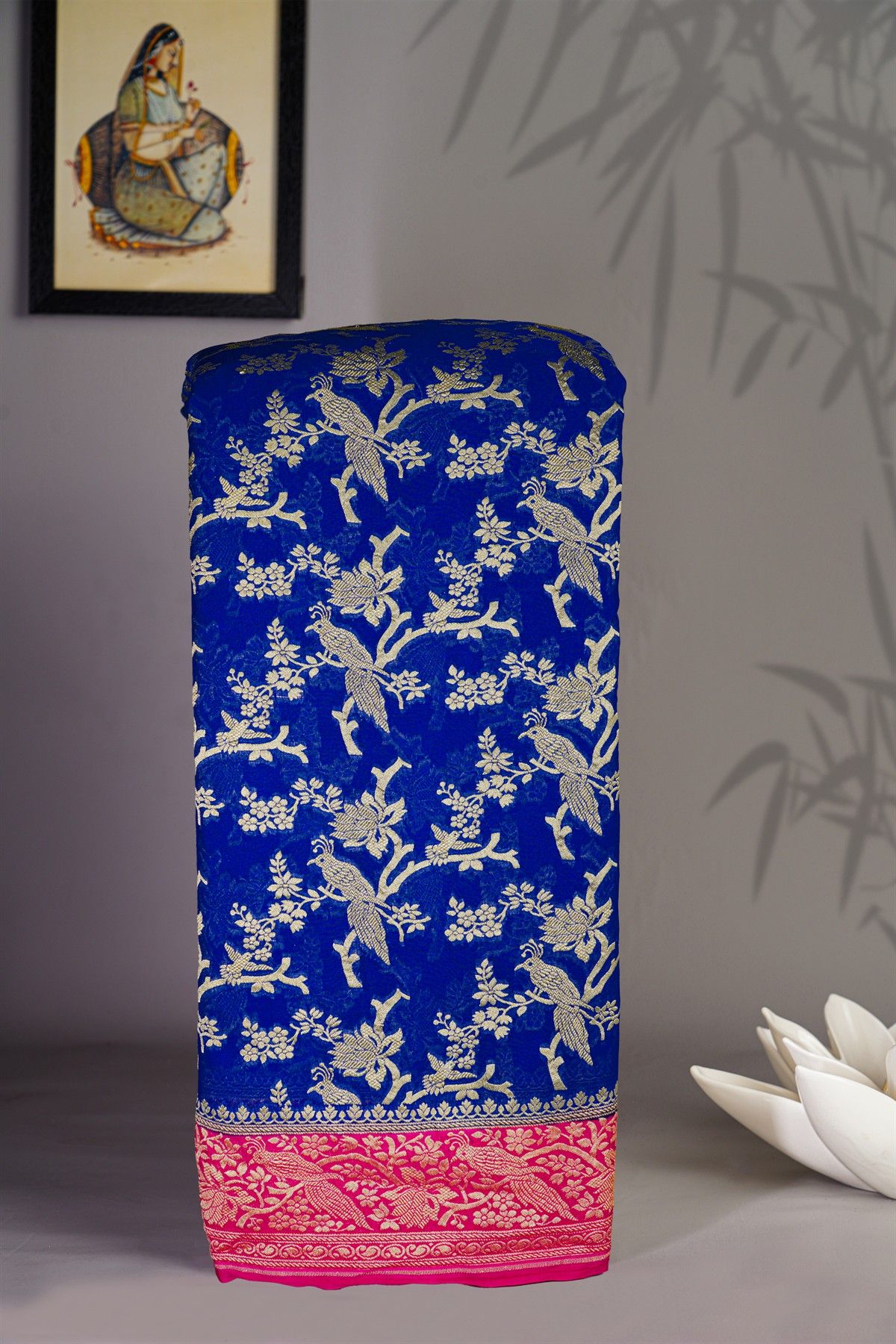Banarasi Kaddi Georgette Royal Blue Saree With Florals And Peacocks Border