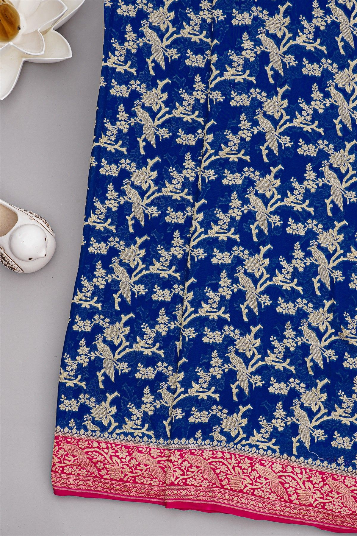 Banarasi Kaddi Georgette Royal Blue Saree With Florals And Peacocks Border
