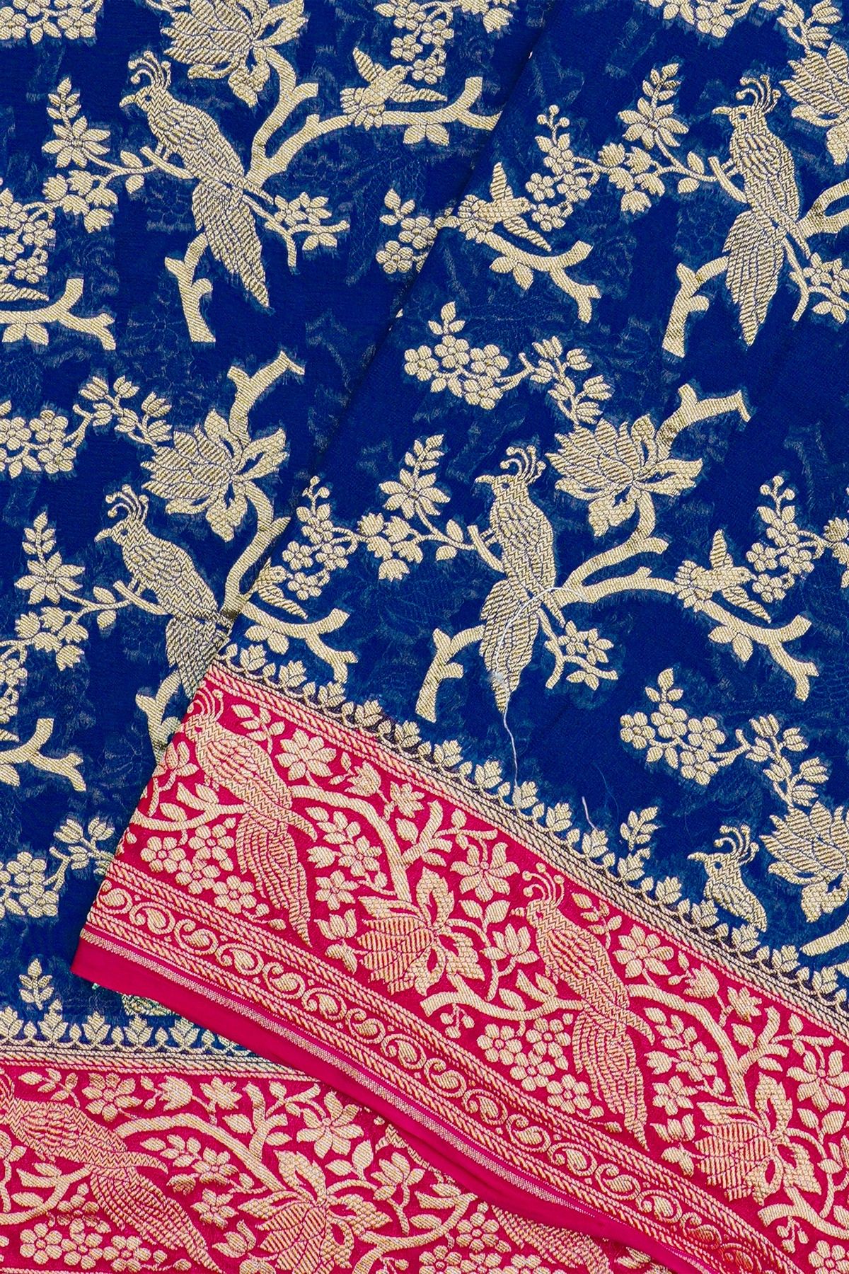 Banarasi Kaddi Georgette Royal Blue Saree With Florals And Peacocks Border