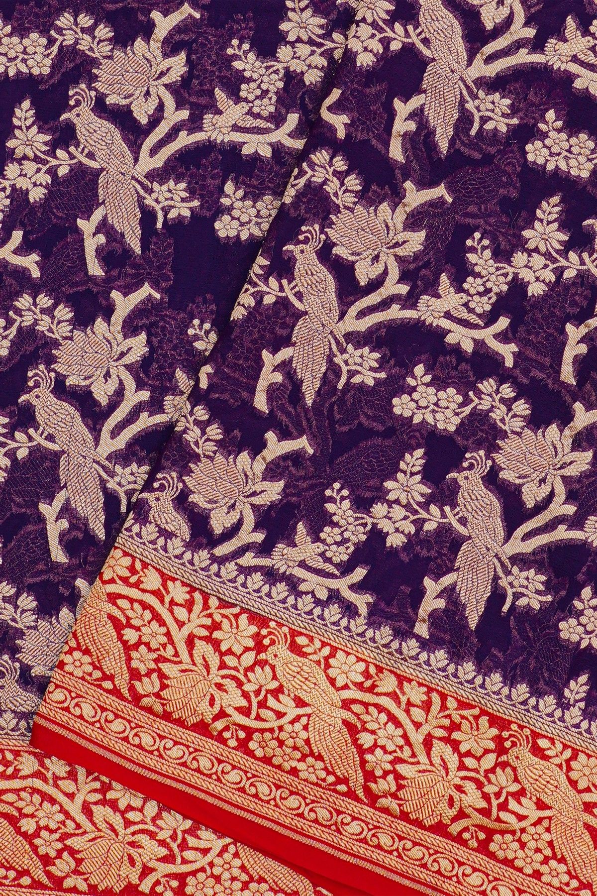 Banarasi Kaddi Georgette Violet Saree With Contrast Red Border