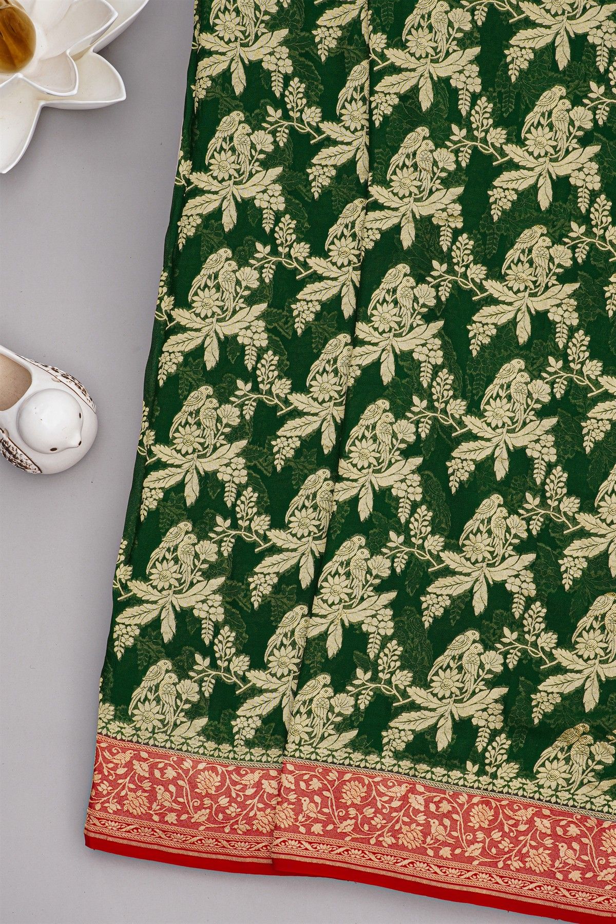Banarasi Kaddi Georgette Bottle Green Saree With Jaal With Birds Border