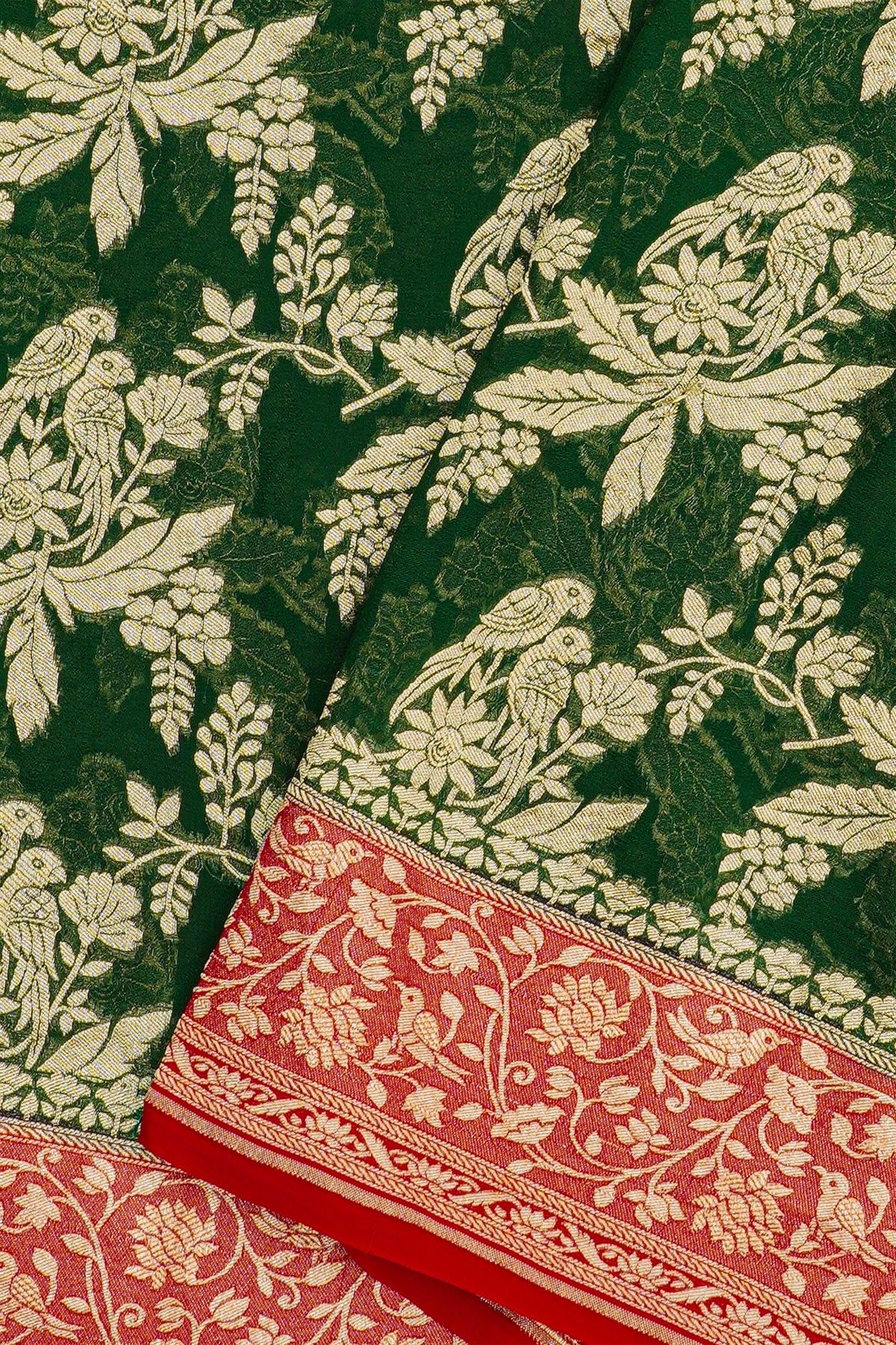 Banarasi Kaddi Georgette Bottle Green Saree With Jaal With Birds Border