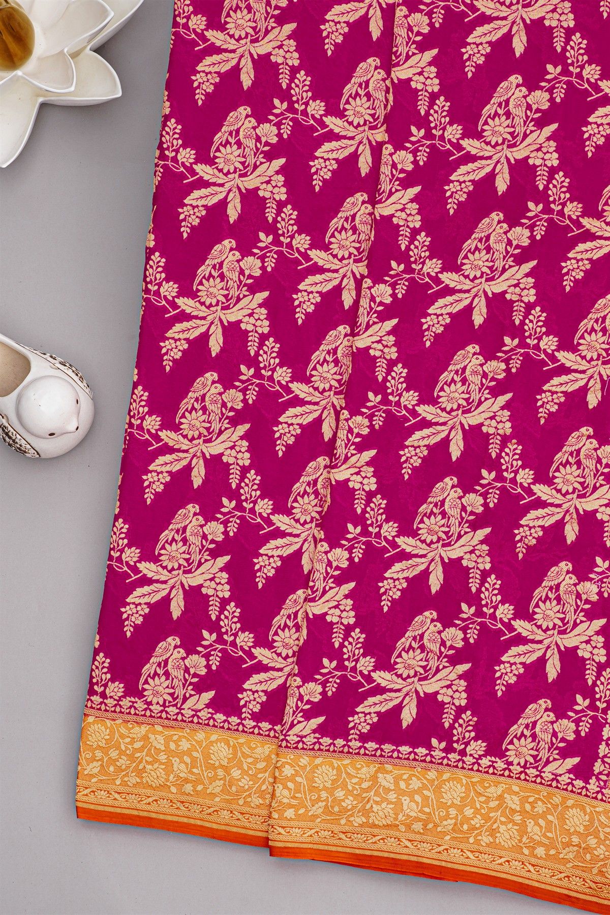 Banarasi Kaddi Georgette Rani Pink Saree With Orange Contrast Border
