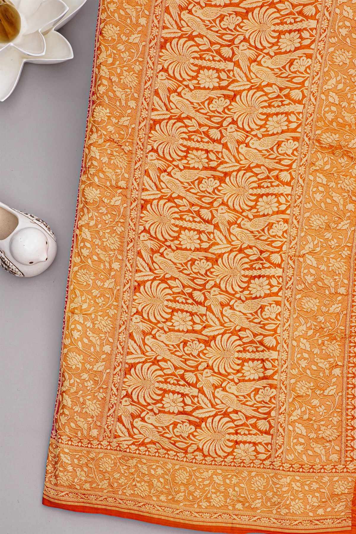 Banarasi Kaddi Georgette Rani Pink Saree With Orange Contrast Border