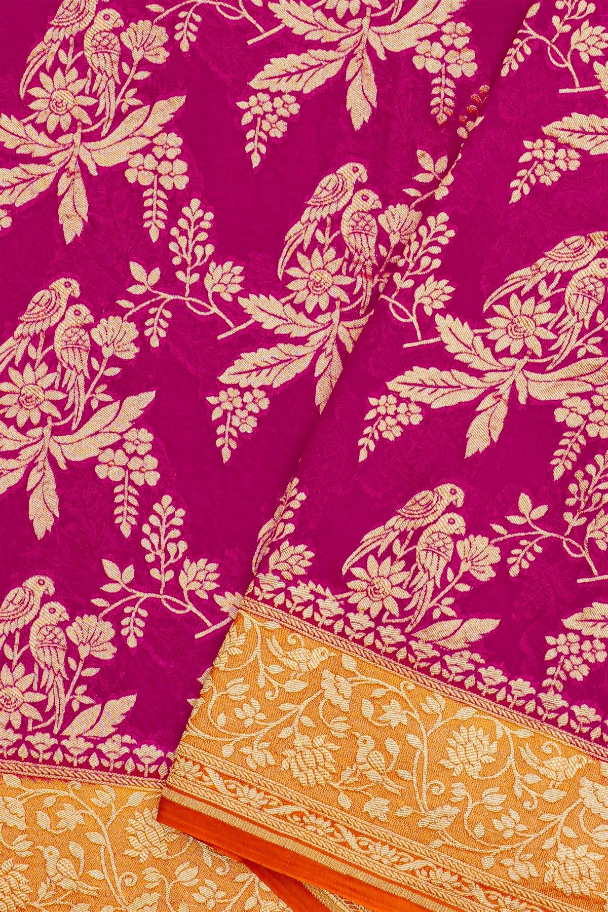 Banarasi Kaddi Georgette Rani Pink Saree With Orange Contrast Border