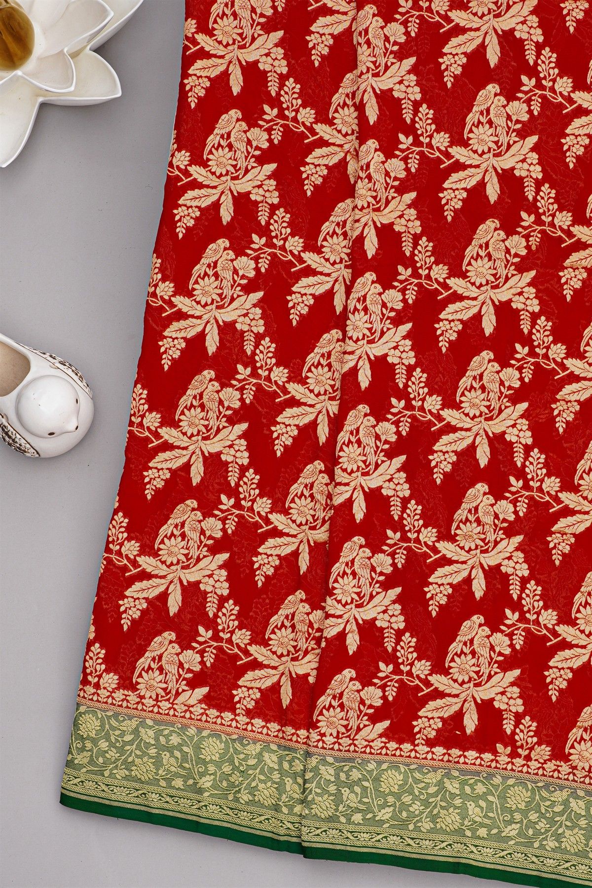 Banarasi Kaddi Georgette Red Saree With Florals And Parrots Body