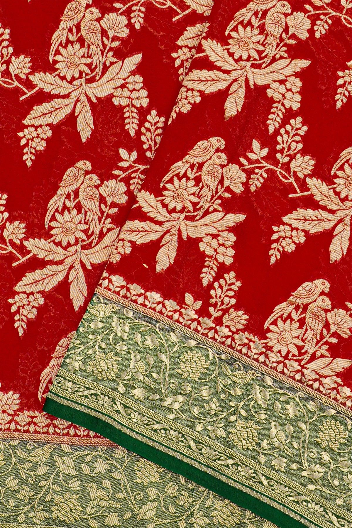 Banarasi Kaddi Georgette Red Saree With Florals And Parrots Body