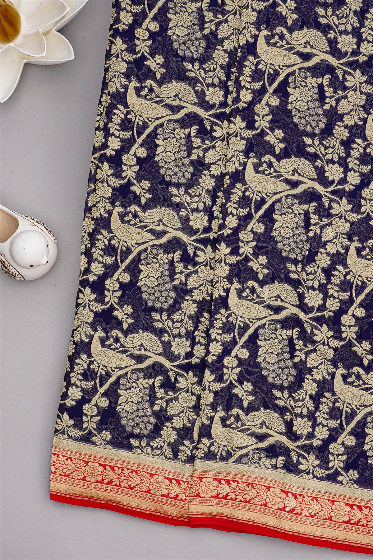 Banarasi Kaddi Georgette Navy Blue Saree With Florals And Peacocks Body
