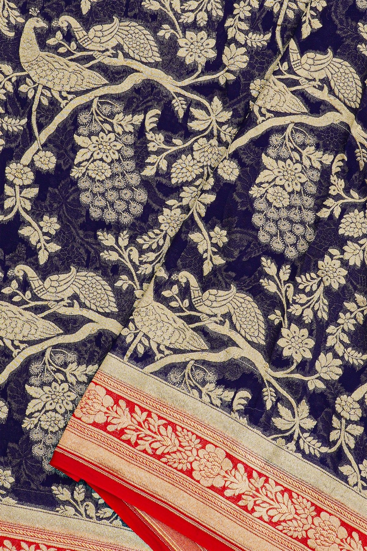 Banarasi Kaddi Georgette Navy Blue Saree With Florals And Peacocks Body