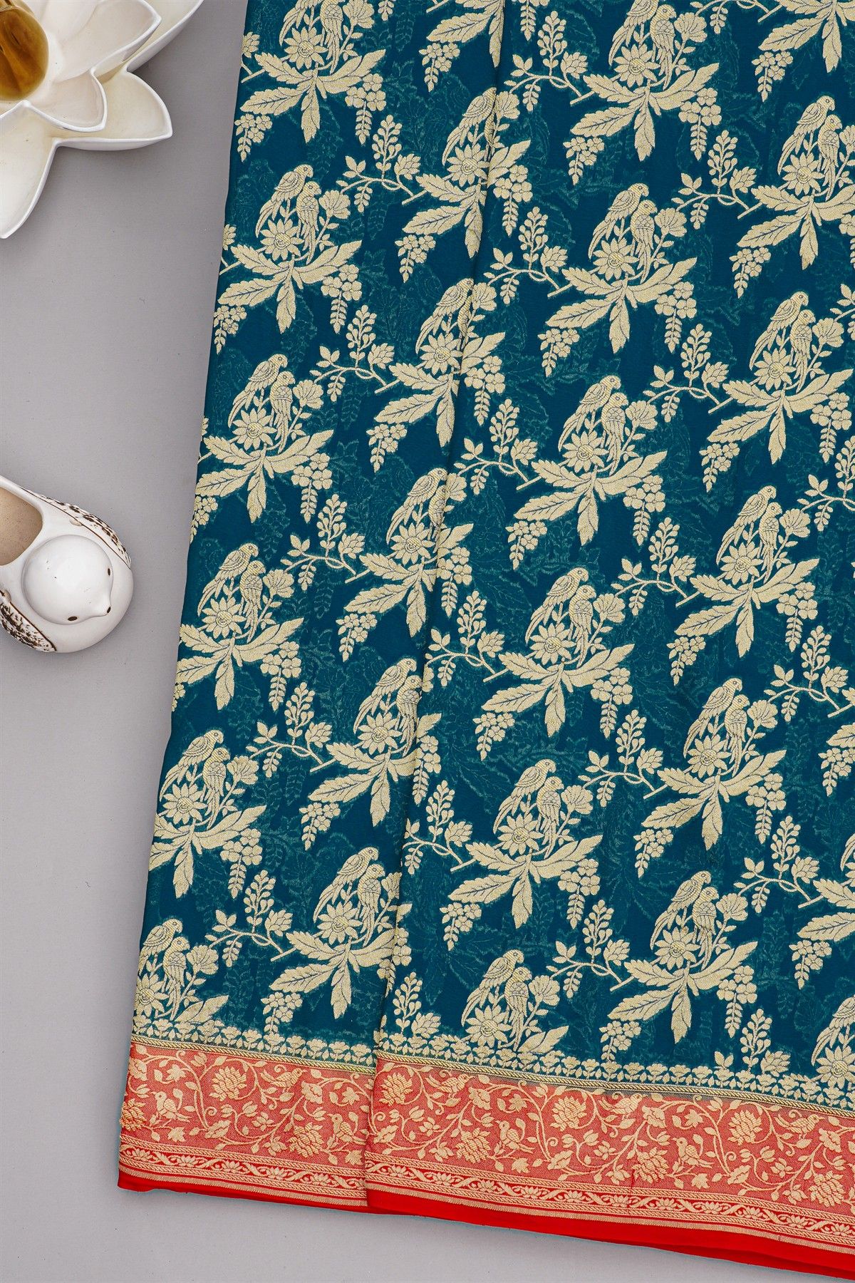 Banarasi Georgette Teal Blue Saree With Florals, Leaves And Parrots Body