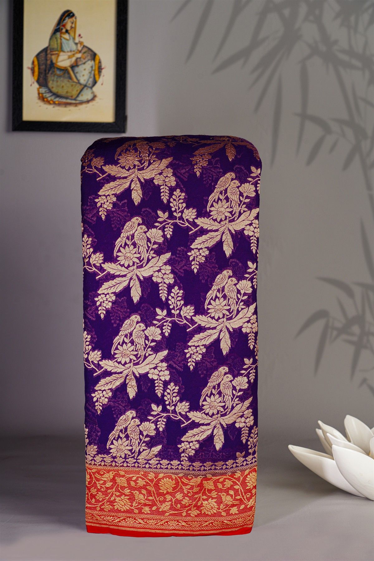 Banarasi Georgette Violet Saree With Florals And Parrots Body