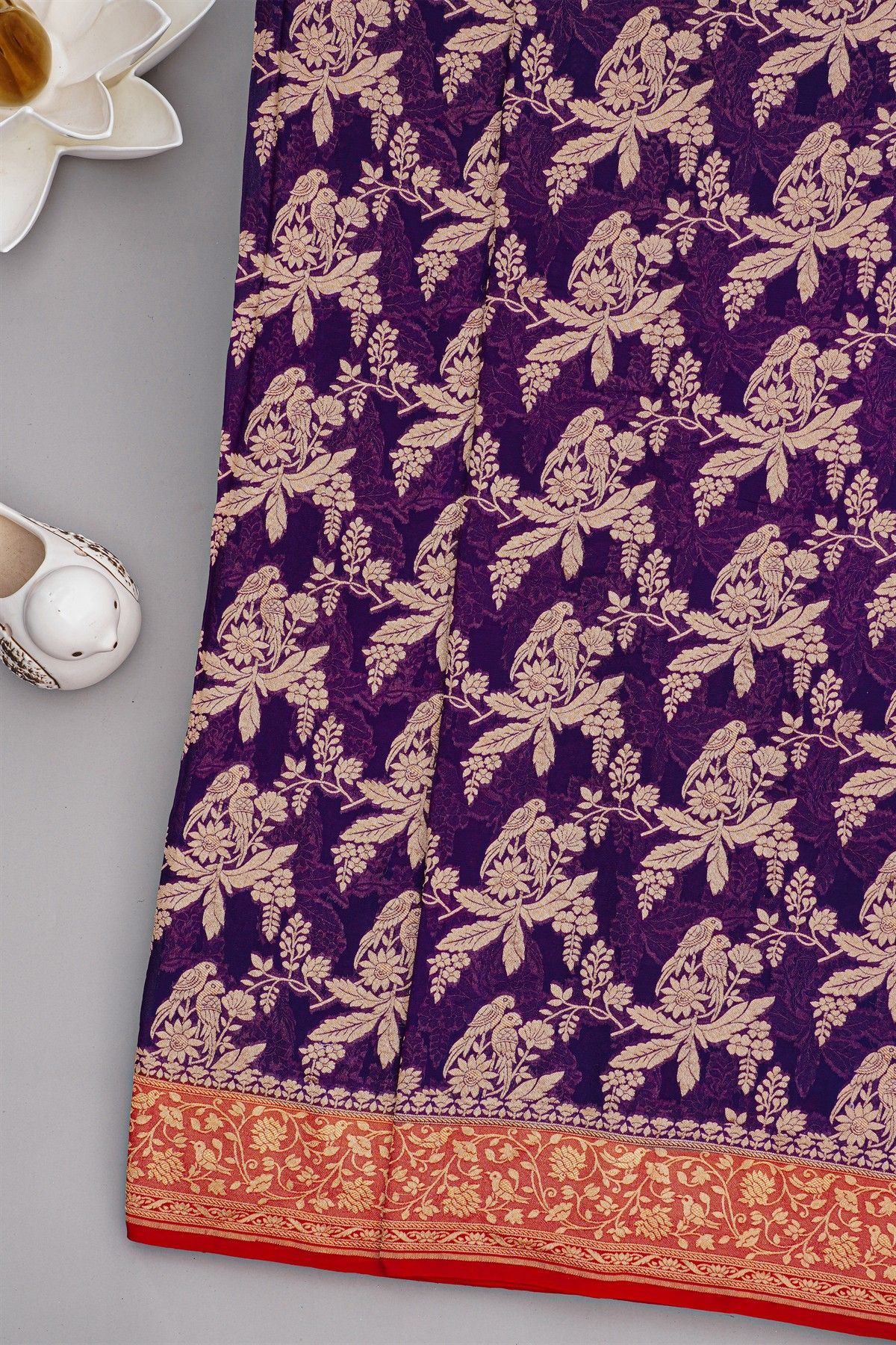 Banarasi Georgette Violet Saree With Florals And Parrots Body