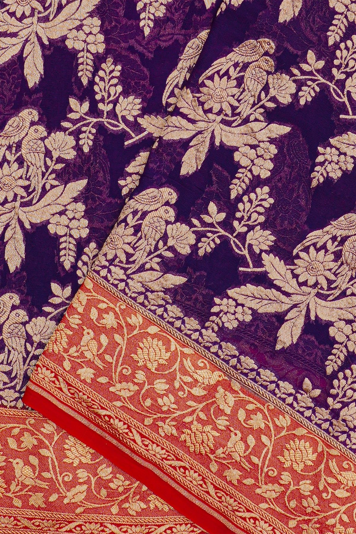 Banarasi Georgette Violet Saree With Florals And Parrots Body