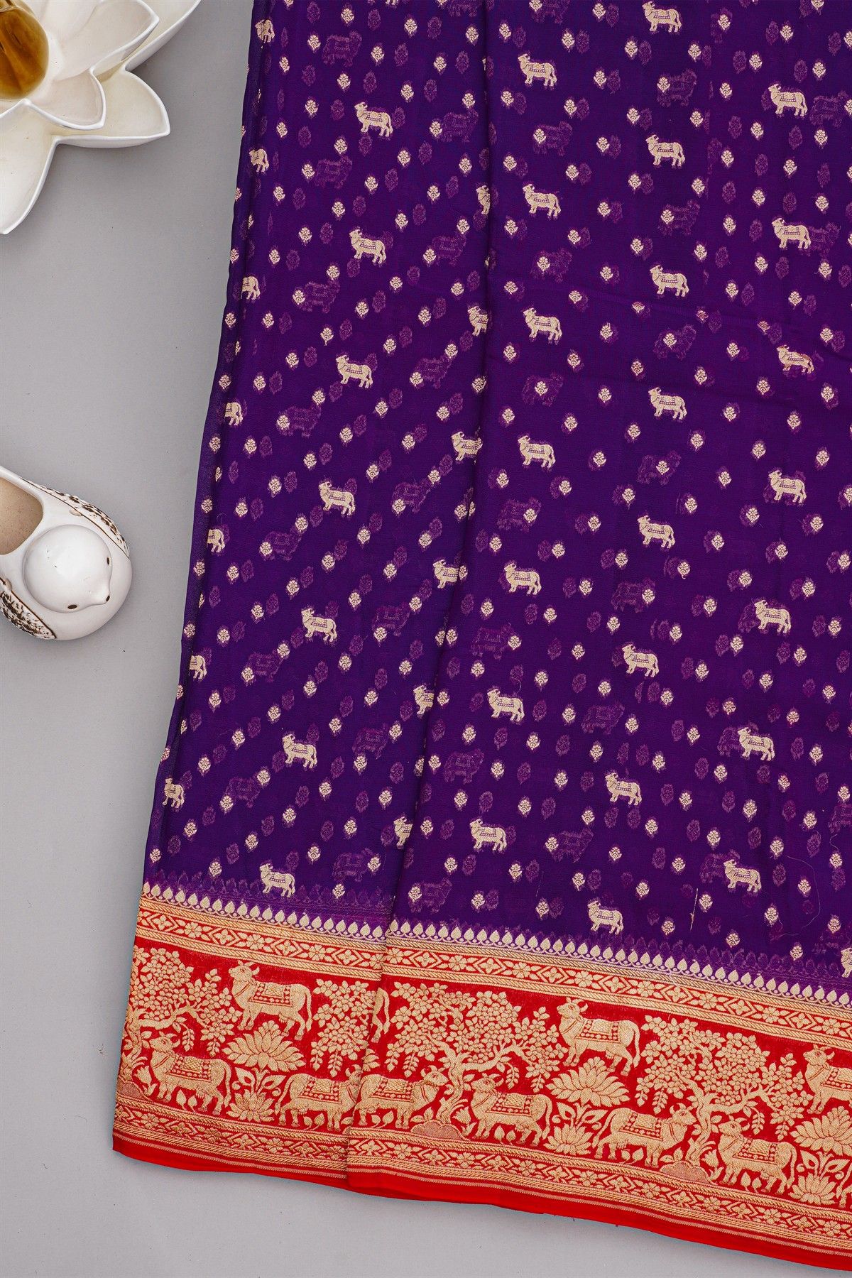 Banarasi Georgette Dark Violet Saree With Florals And Small Cow Buttis Body