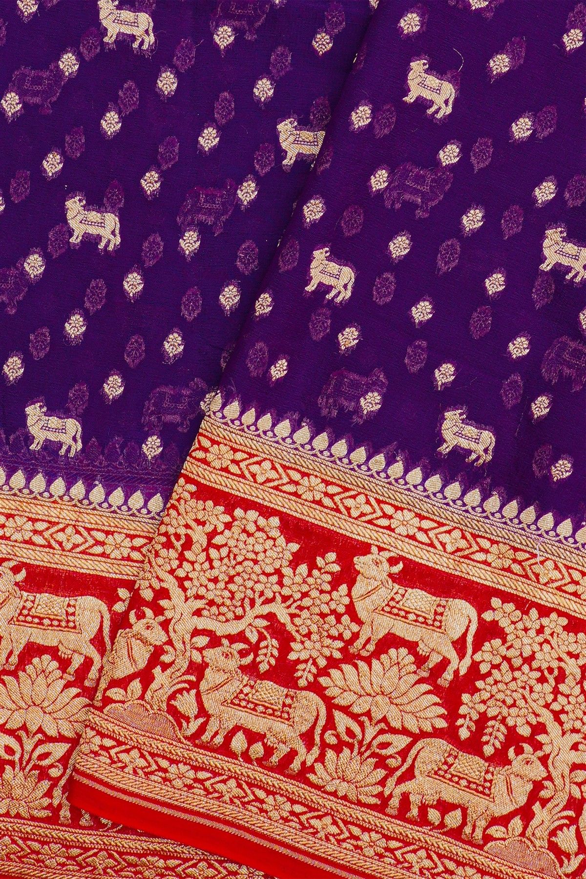 Banarasi Georgette Dark Violet Saree With Florals And Small Cow Buttis Body