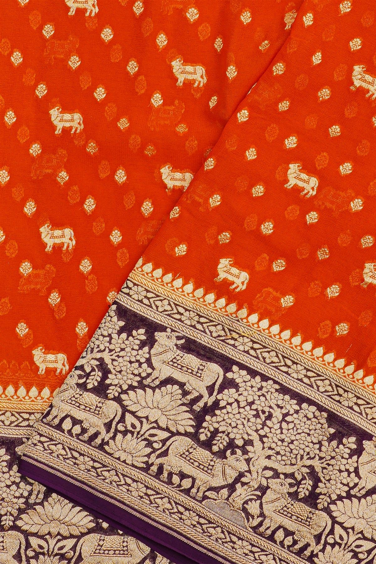 Banarasi Georgette Rust Orange Saree With Florals And Small Cow Buttis Body