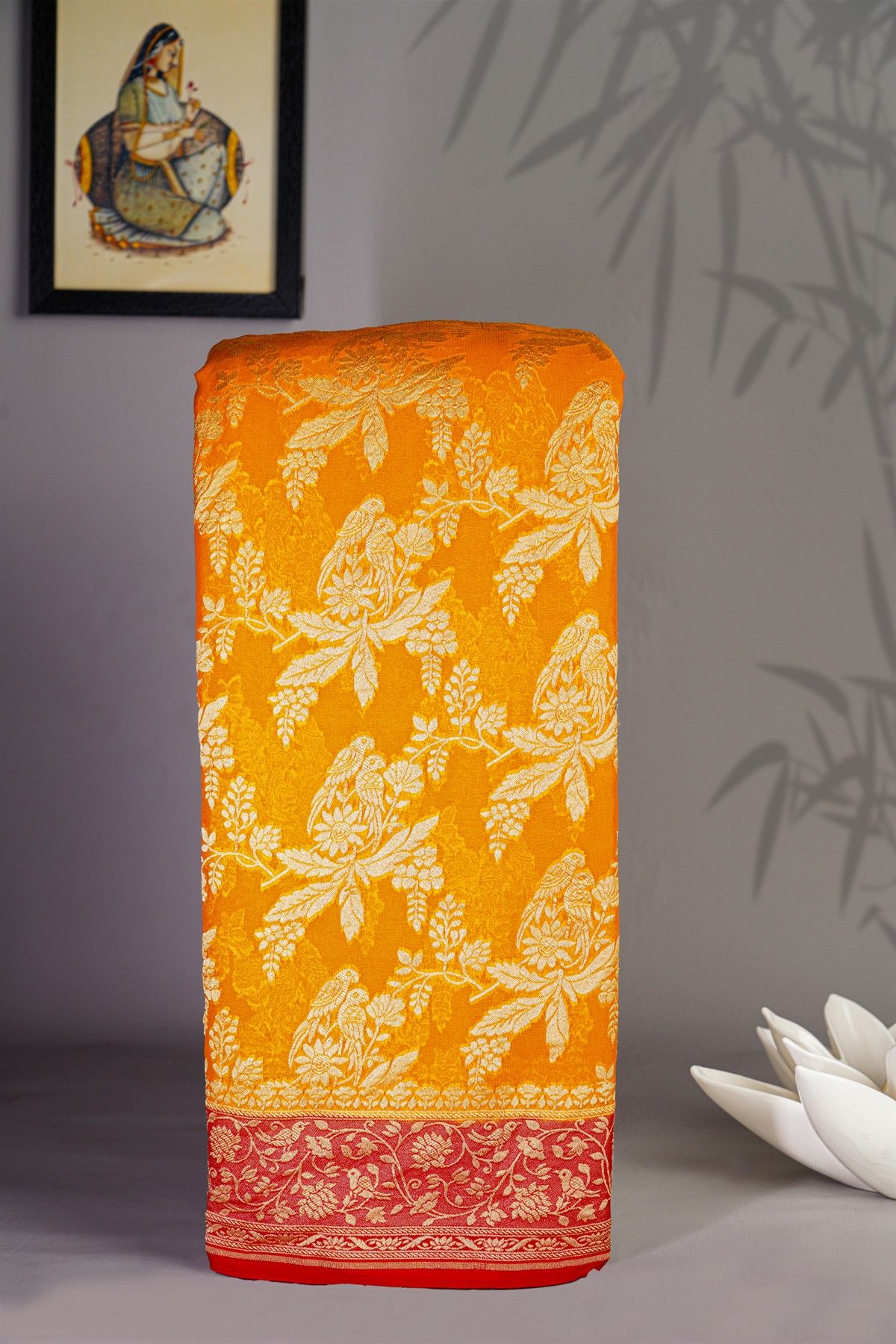 Banarasi Georgette Yellow Saree With Floral And Leaf Jaal With Birds Border